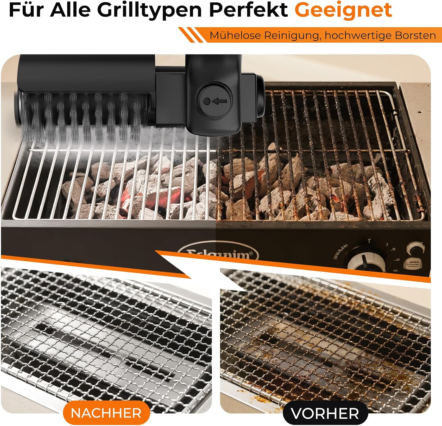 Detalle de YKYI Elektrische Grillbürste – Kabelloser Grillreiniger mit 180° Winkel, USB-C Aufladung, Edelstahl-Bürstenkopf
