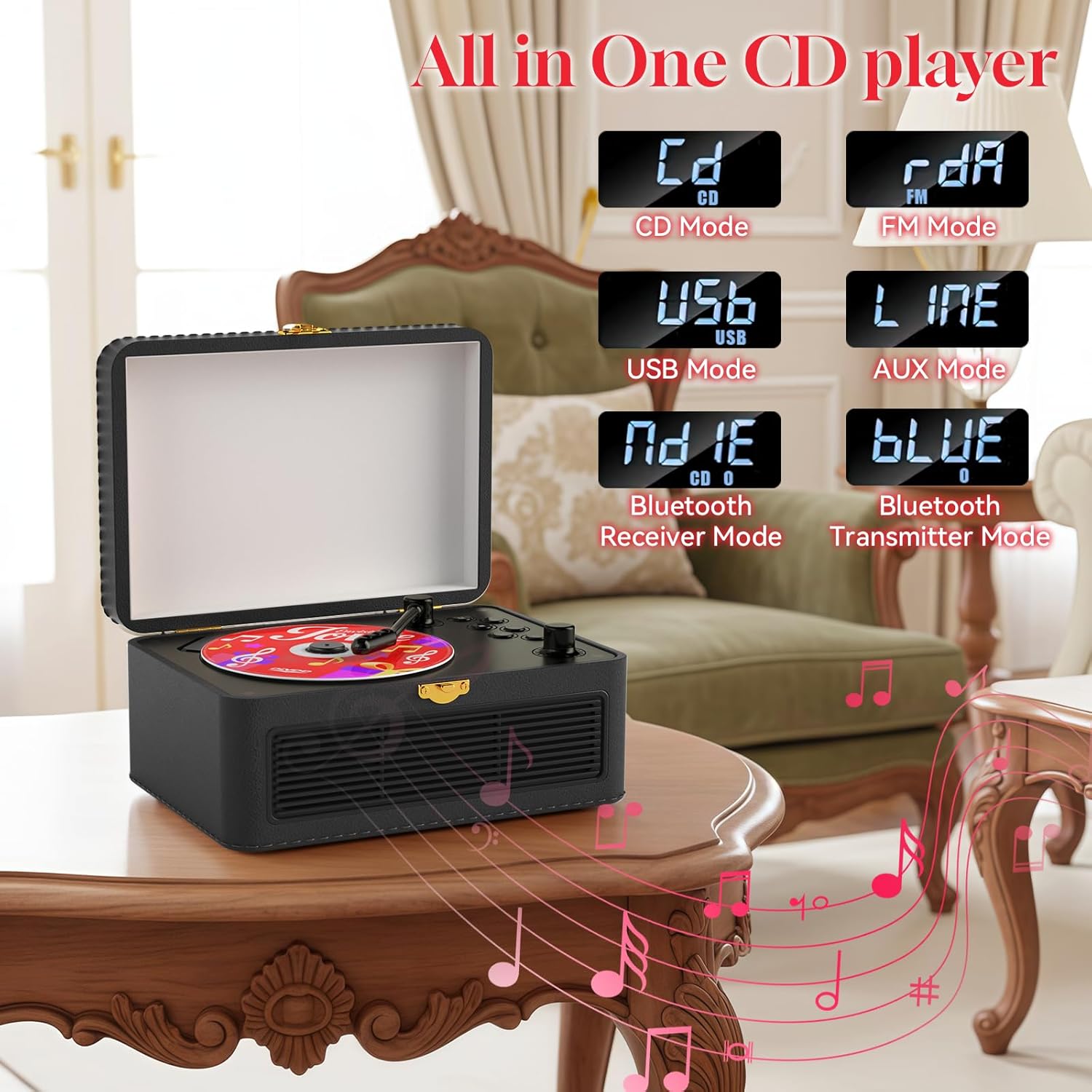 Thumbnail 2 de Gueray Lecteur CD Cuir Portable: lecteur CD vintage avec Bluetooth 5.2 et haut-parleurs 3600 mAh