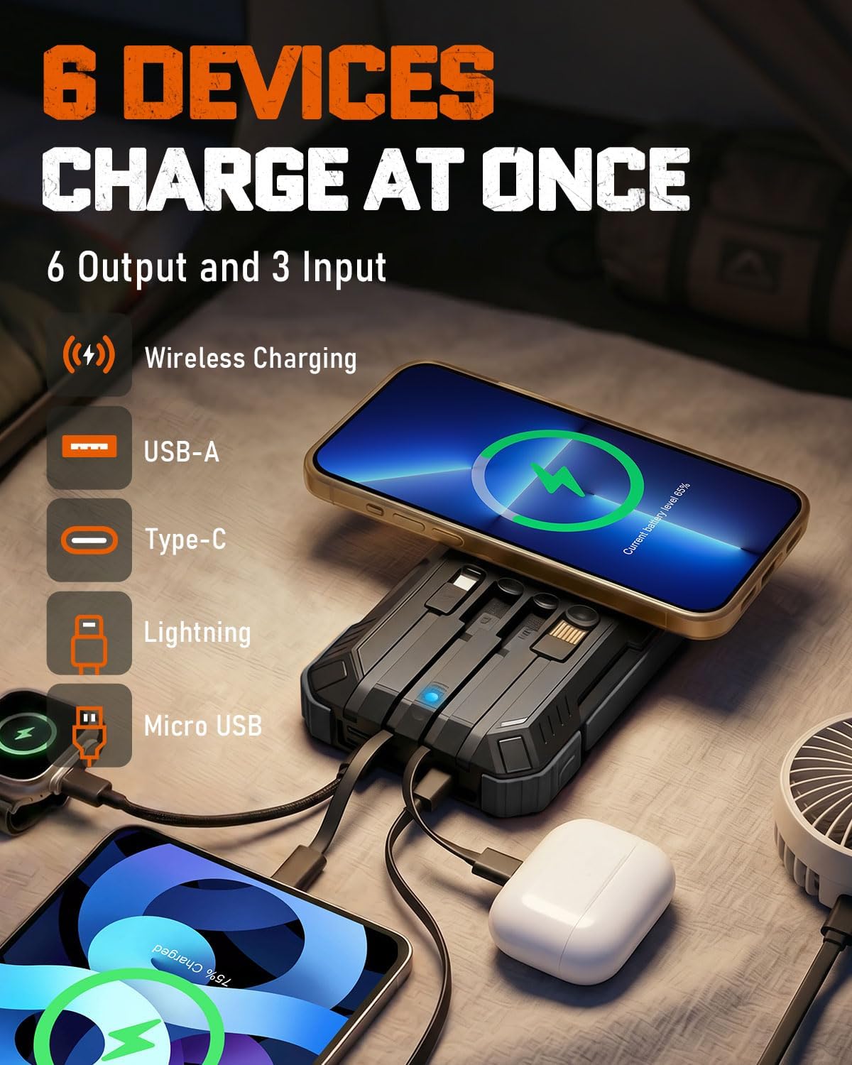 Thumbnail 1 de wongkuo M300 Solar Power Bank, 49,800mAh, Qi Wireless Charging, Built-In Cables