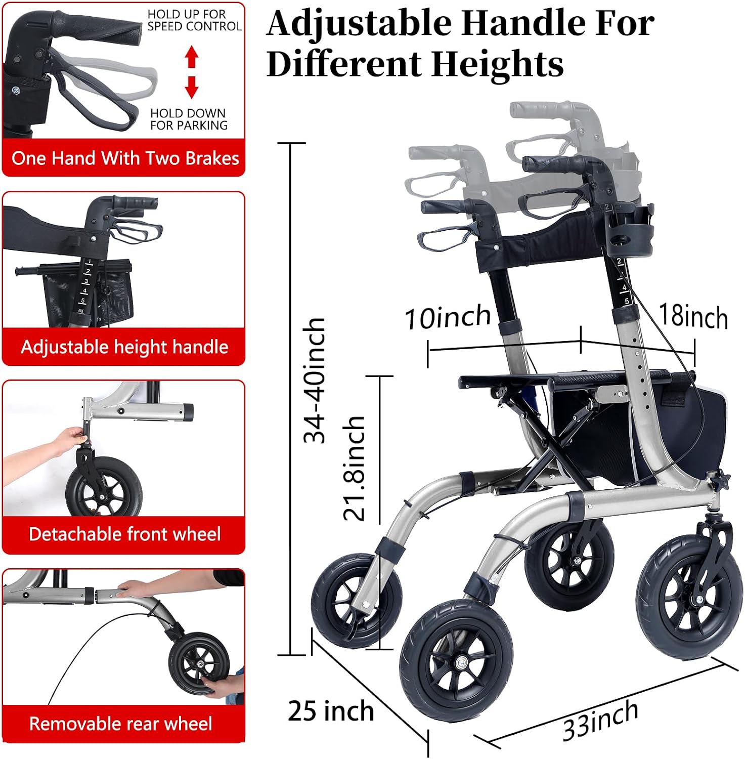 Thumbnail 1 de Henmnii Rollator Walker for Seniors — Lightweight, All-Terrain Foldable Aluminium Frame with Seat and 10in Wheels