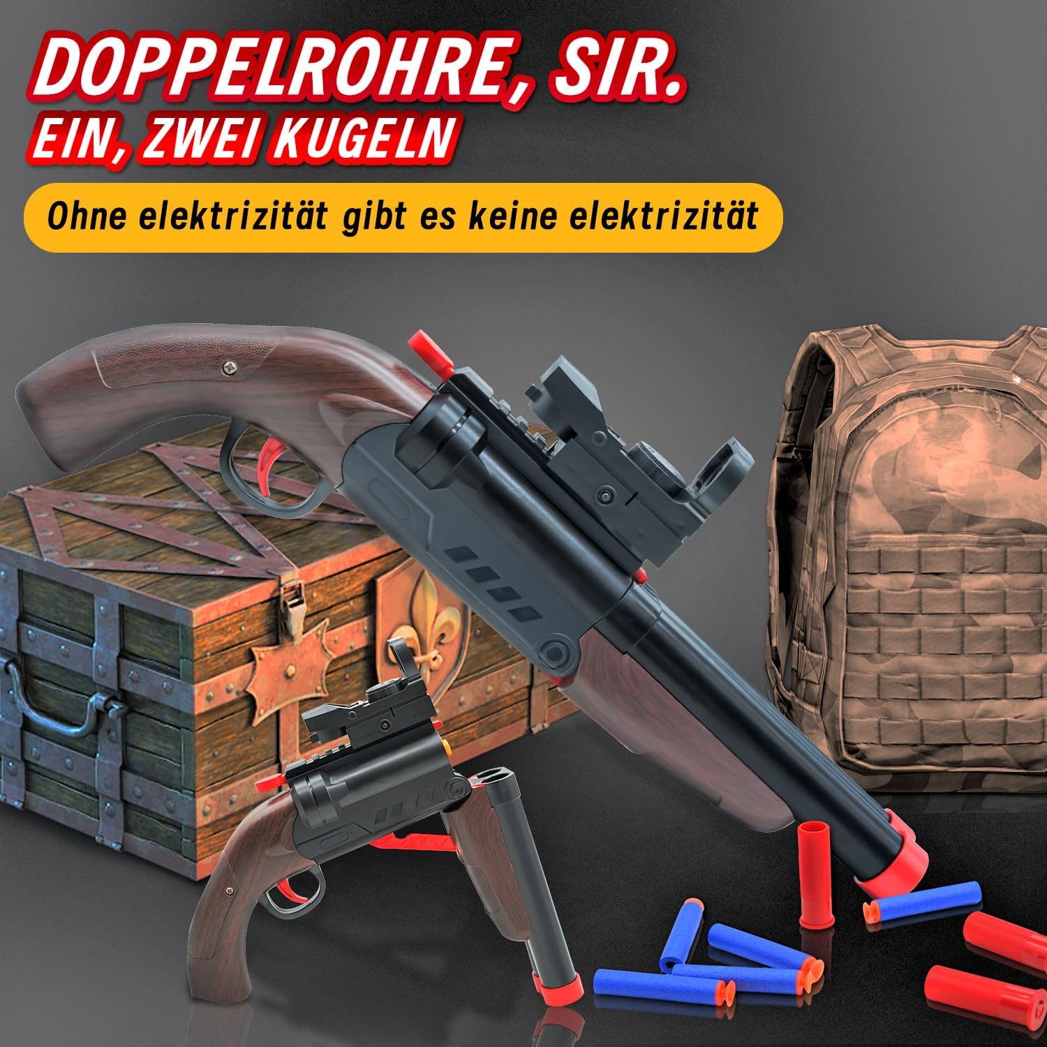 Detalle 2 de Double Barrel Soft Bullet Shot Spielzeug Schaum Blaster mit Shell Auswerfen – 2 in 1 Schaum Dart Blaster (6+)