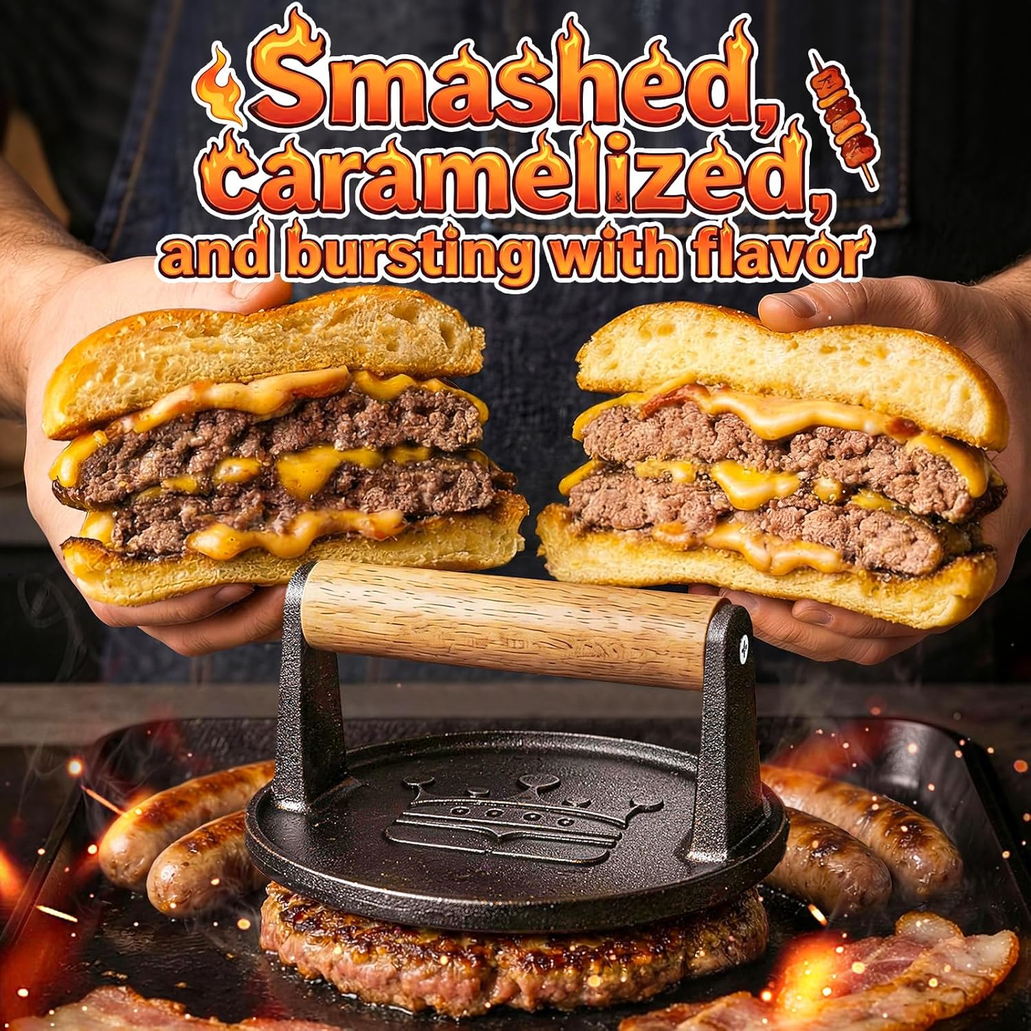 Detalle 2 de Basinel 6.5" Cast Iron Smash Burger Press with Wooden Handle