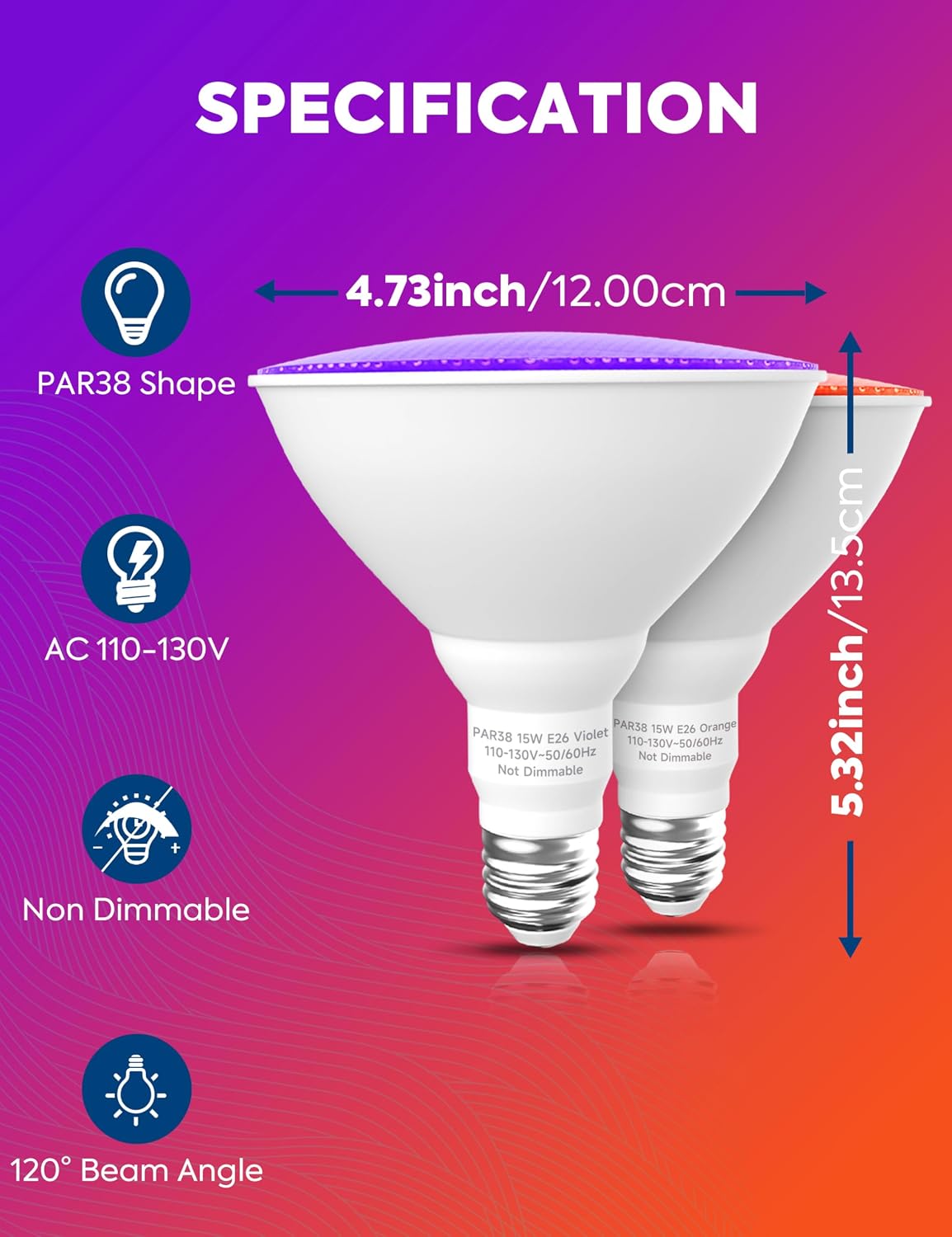 Detalle 1 de Nouscan 120VPAR38OO#VVW15E26 PAR38 LED Flood Bulbs, Orange and Purple, 2-Pack