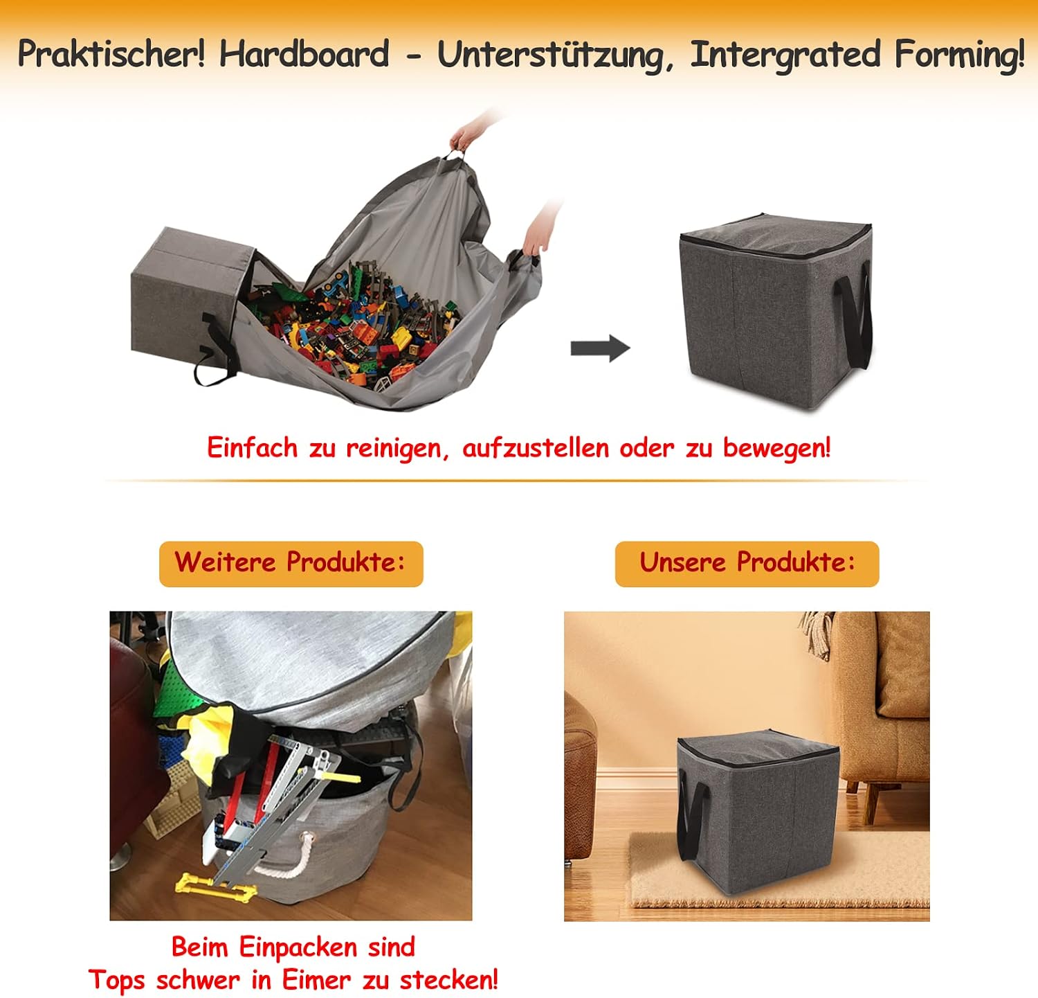 Detalle de Spielzeug Tasche für Lego Spielmatte – Duplo Aufbewahrung mit Deckel, Grau, 13x13x13 Zoll