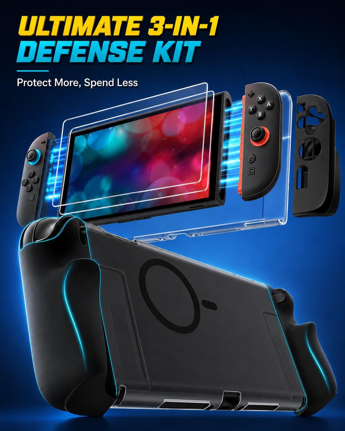 Detalle de iVoler 5-in-1 Schutz-Set für Nintendo Switch 2: magnetische, dockbare Schutzhülle inkl. Silikongriffe
