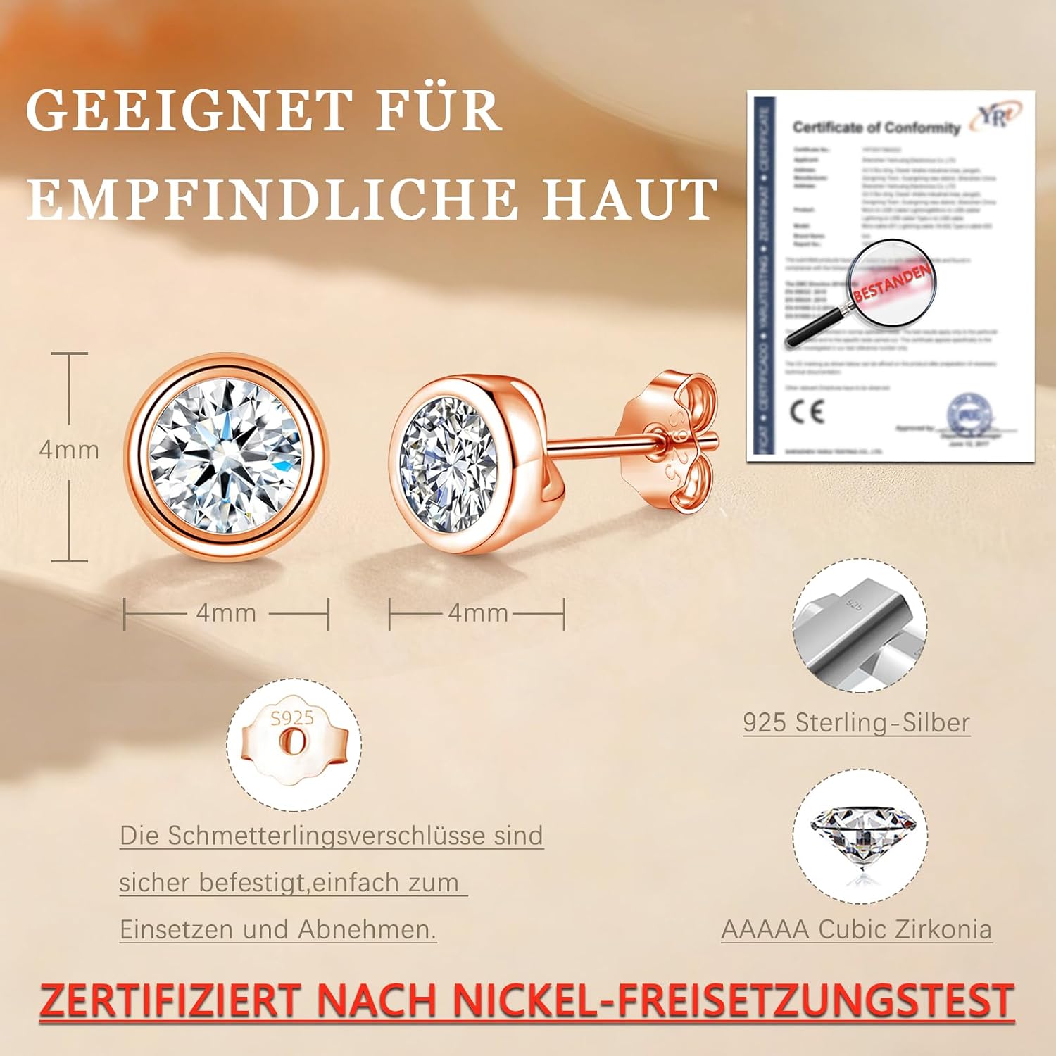 Thumbnail 1 de Bewenda Ohrringe Silber 925 Stecker – Rund | hypoallergen, Zirkonia, 4 mm, Geschenkbox