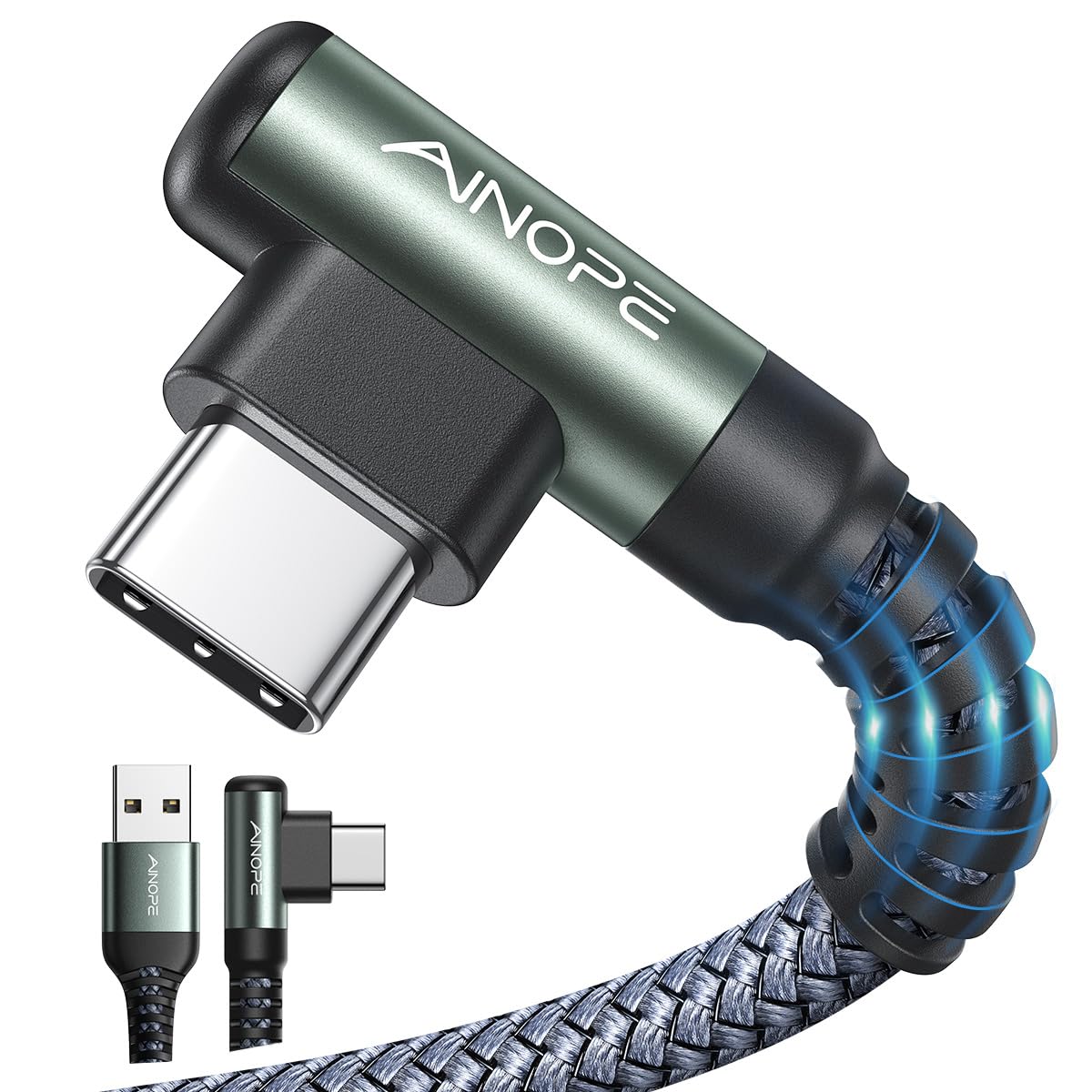 Detalle de AINOPE AP544 USB-A to USB-C Cable, 6.6 ft, Right-Angle Nylon, 2-Pack