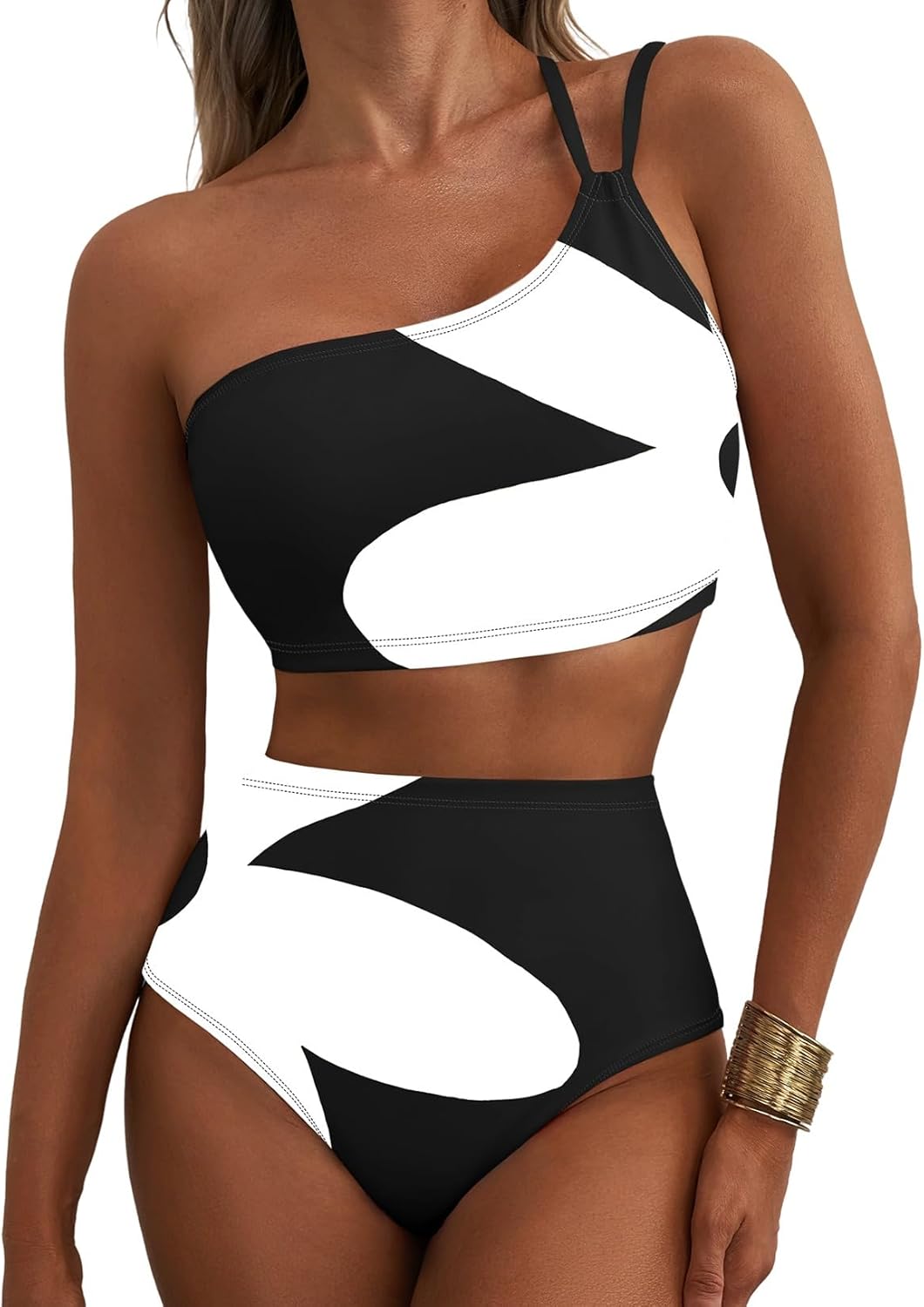 Thumbnail 6 de Herseas Women's High Waisted Bikini Sets with One Shoulder Floral Print – 2-Piece Tummy Control Swimsuits