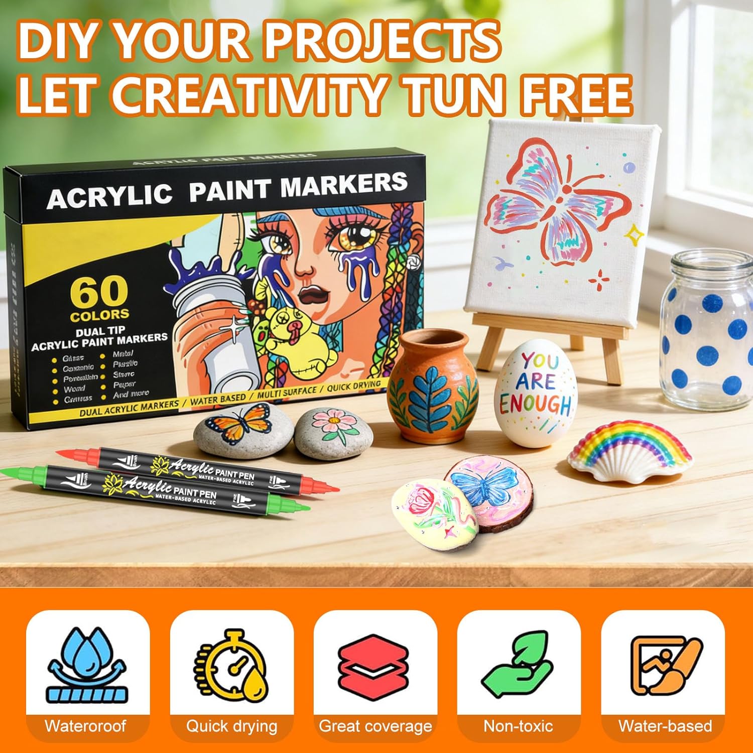 Thumbnail 5 de 60-Colour Dual-Tip Acrylic Paint Pens (Brush & Fine) for rock painting and crafts