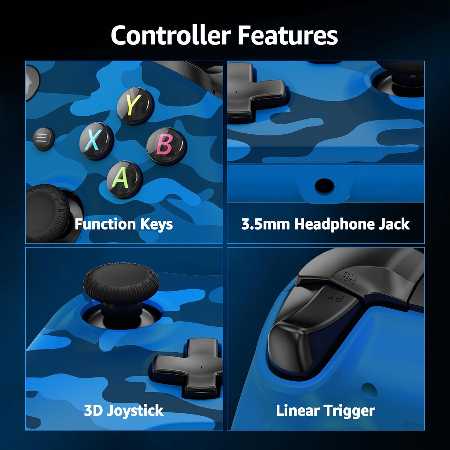 Detalle de GMVOX Wireless Controller, Blue Camo, Hall Effect Controls and 2.4G Adapter