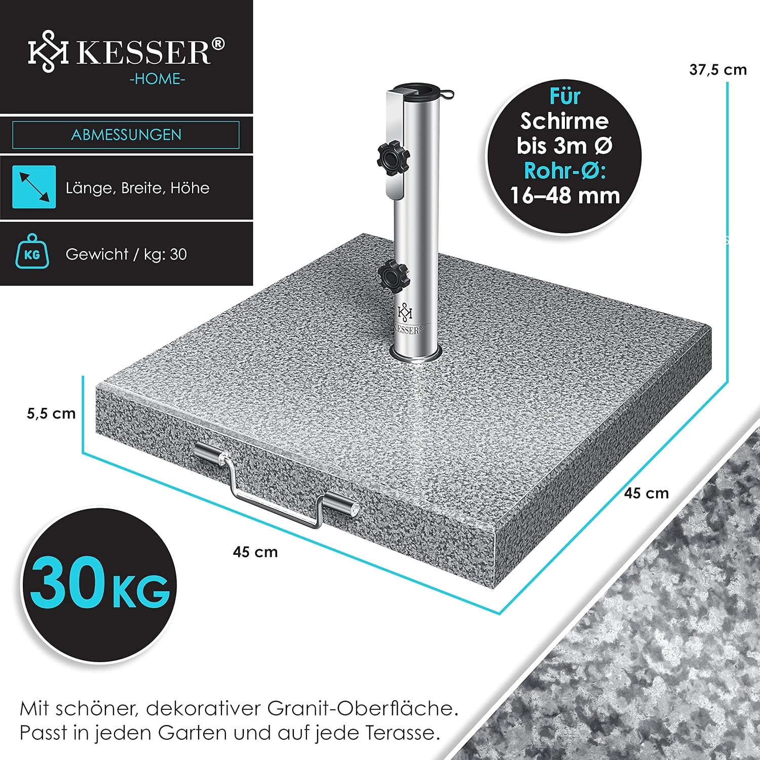 Thumbnail 6 de KESSER Granit-Sonnenschirmständer mit Edelstahlrohr – quadratischer Sockel (30 kg) für Schirmstöcke 16–48 mm, inkl. Transportgriff, grau