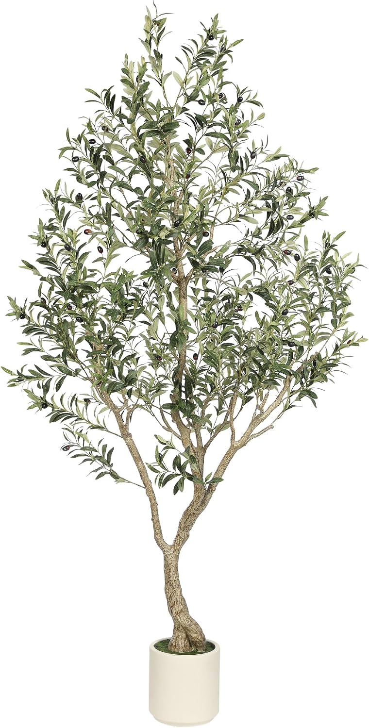 Detalle de LYERSE 7 ft Faux Olive Tree with White Planter, Lifelike Leaves and Fruit