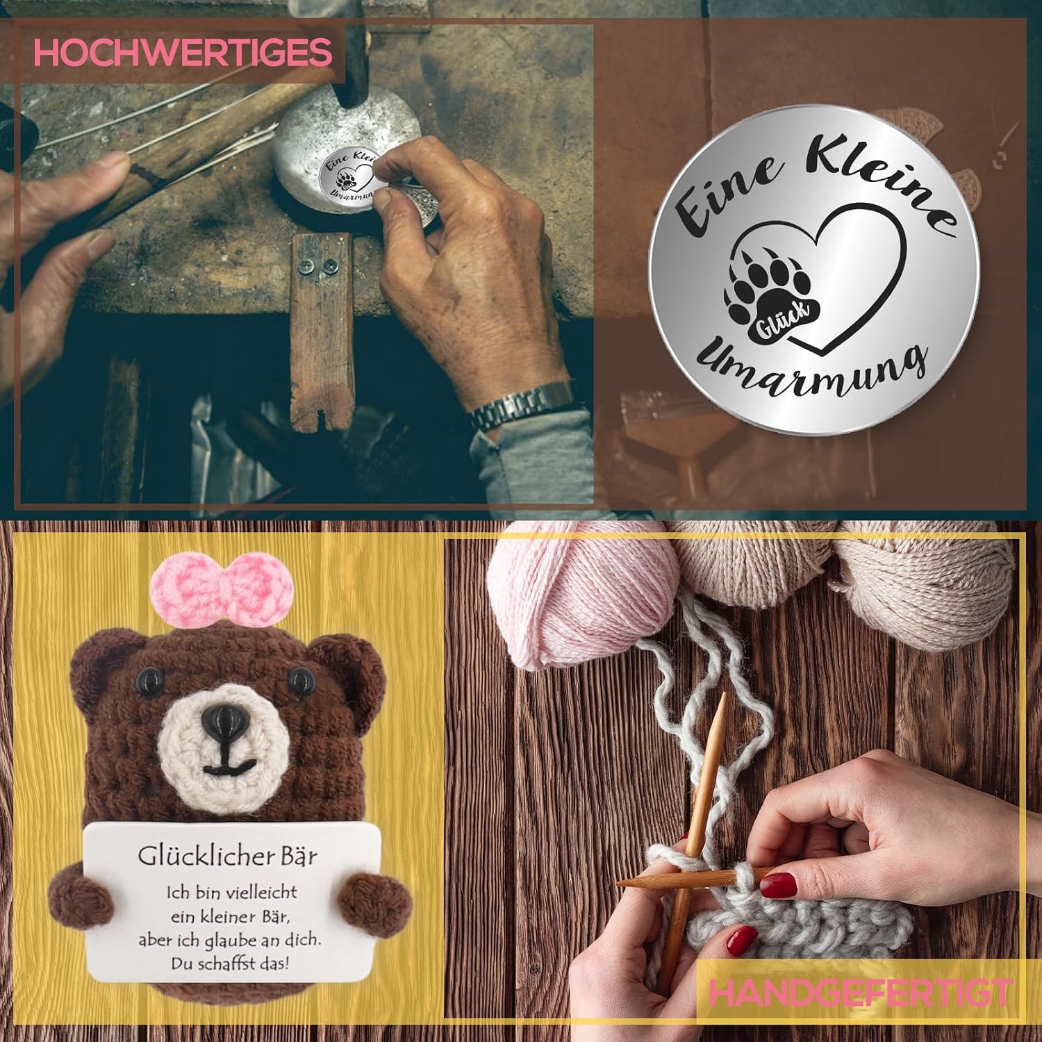 Detalle de Tixlux Pocket Hug Glücklicher Bär – handgenähte Strick-Dekofigur mit Bärentatzen-Glücksbringer (Grau/Rosa)