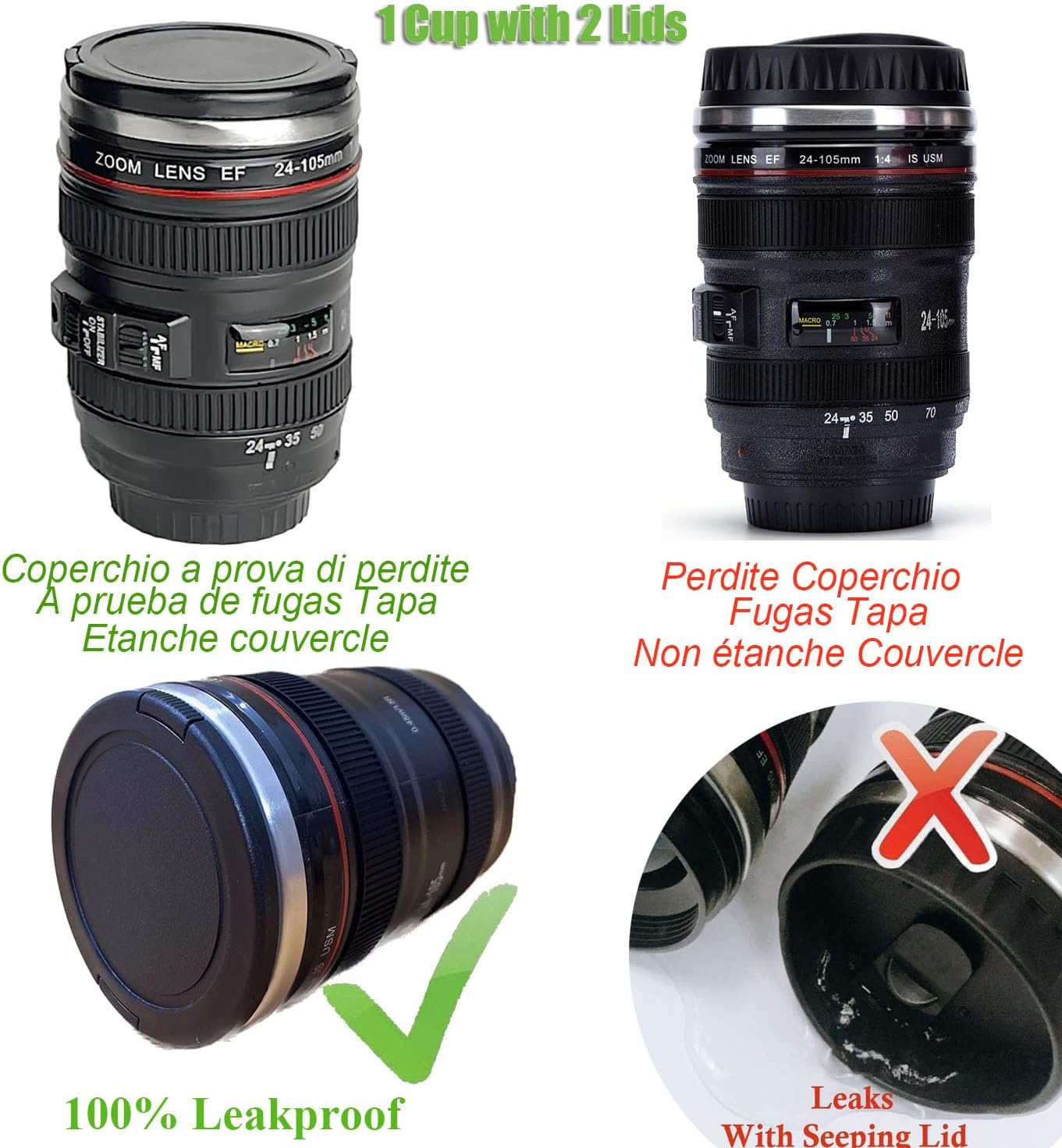 Thumbnail 3 de SLOSH Reisebecher mit Kamera-Objektiv-Optik und 2 Deckeln – Thermobecher im Tumbler-Stil, BPA-frei (GE-II-V)