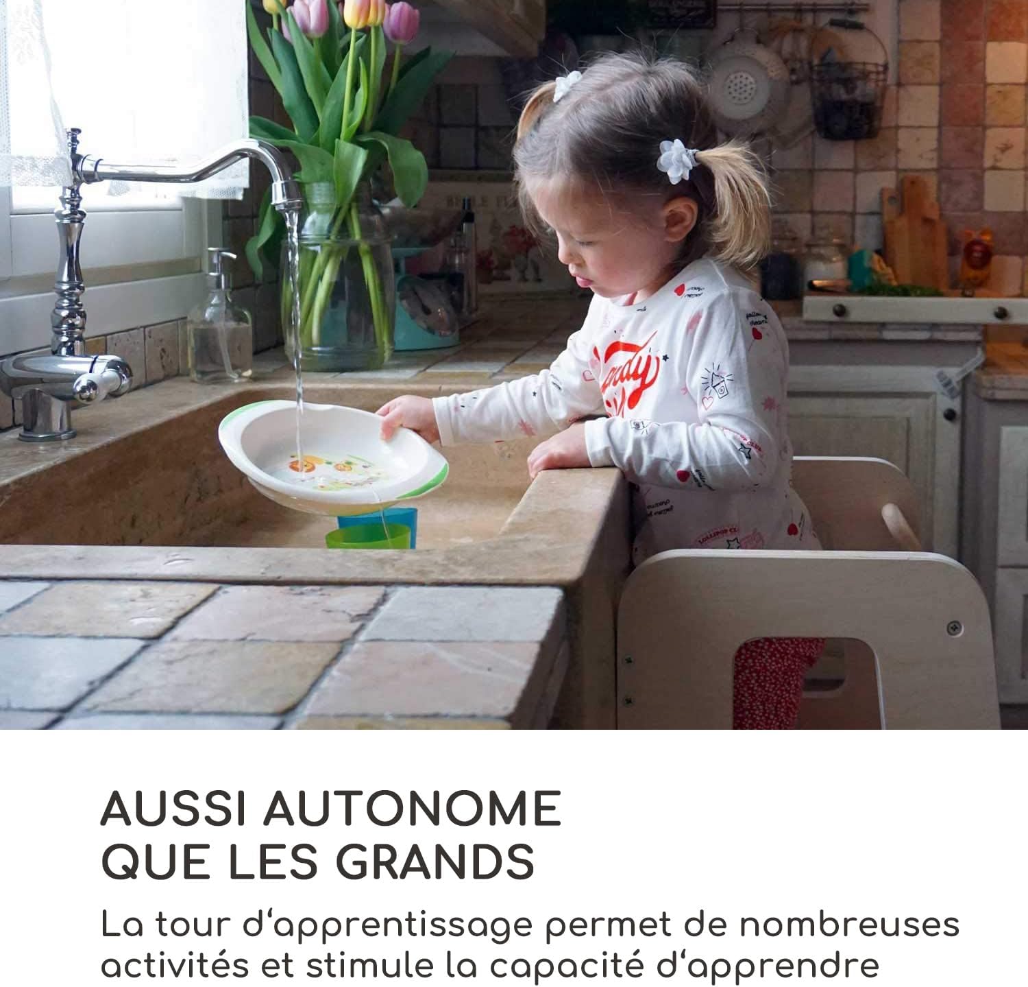 Detalle 2 de Ully by moblì® – Tour d’apprentissage en bois naturel avec étagères réglables (principes Montessori), fabriquée en Italie
