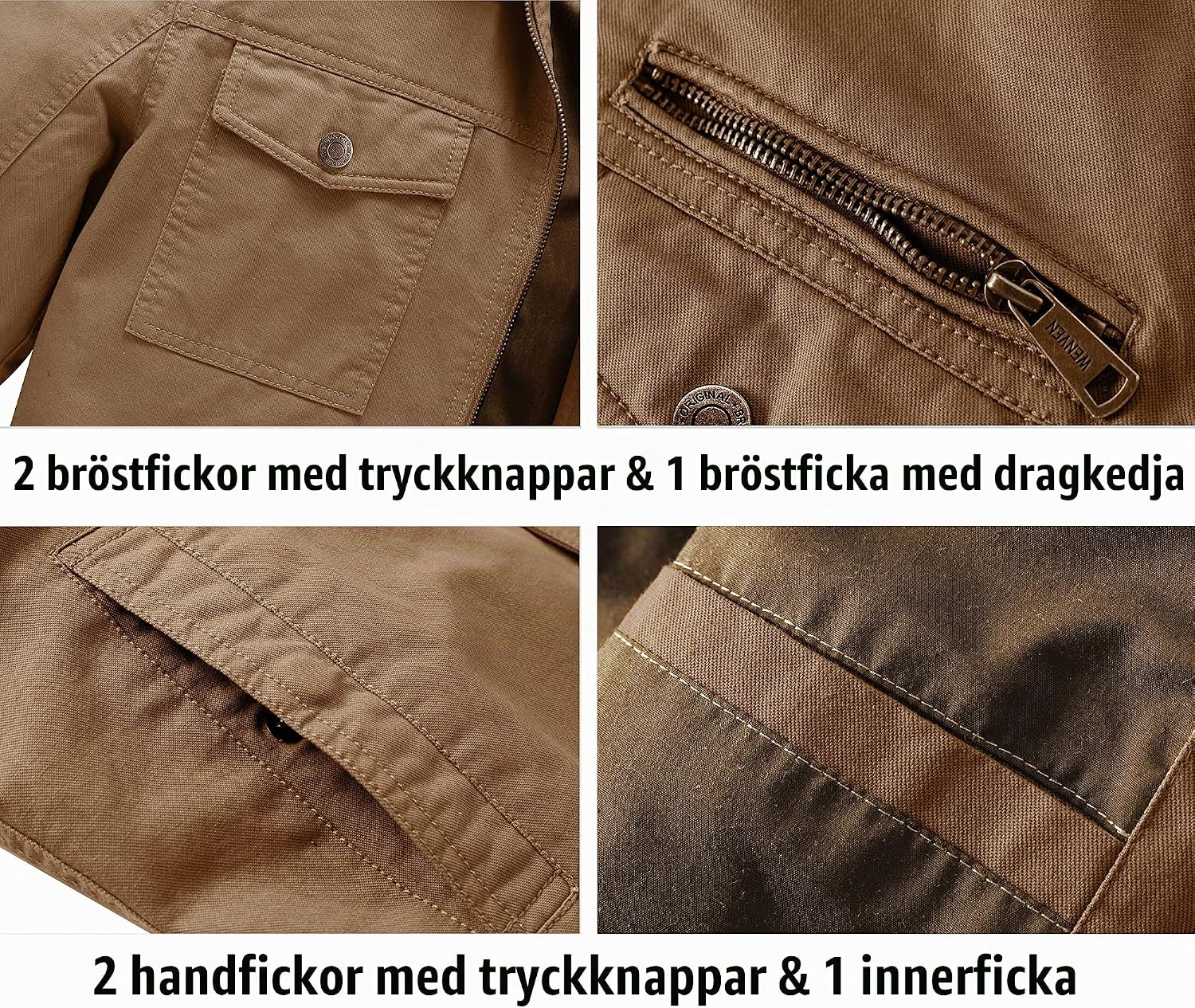 Thumbnail 3 de WenVen Military Transition-jacka för herr, cargo-stil med dragkedja