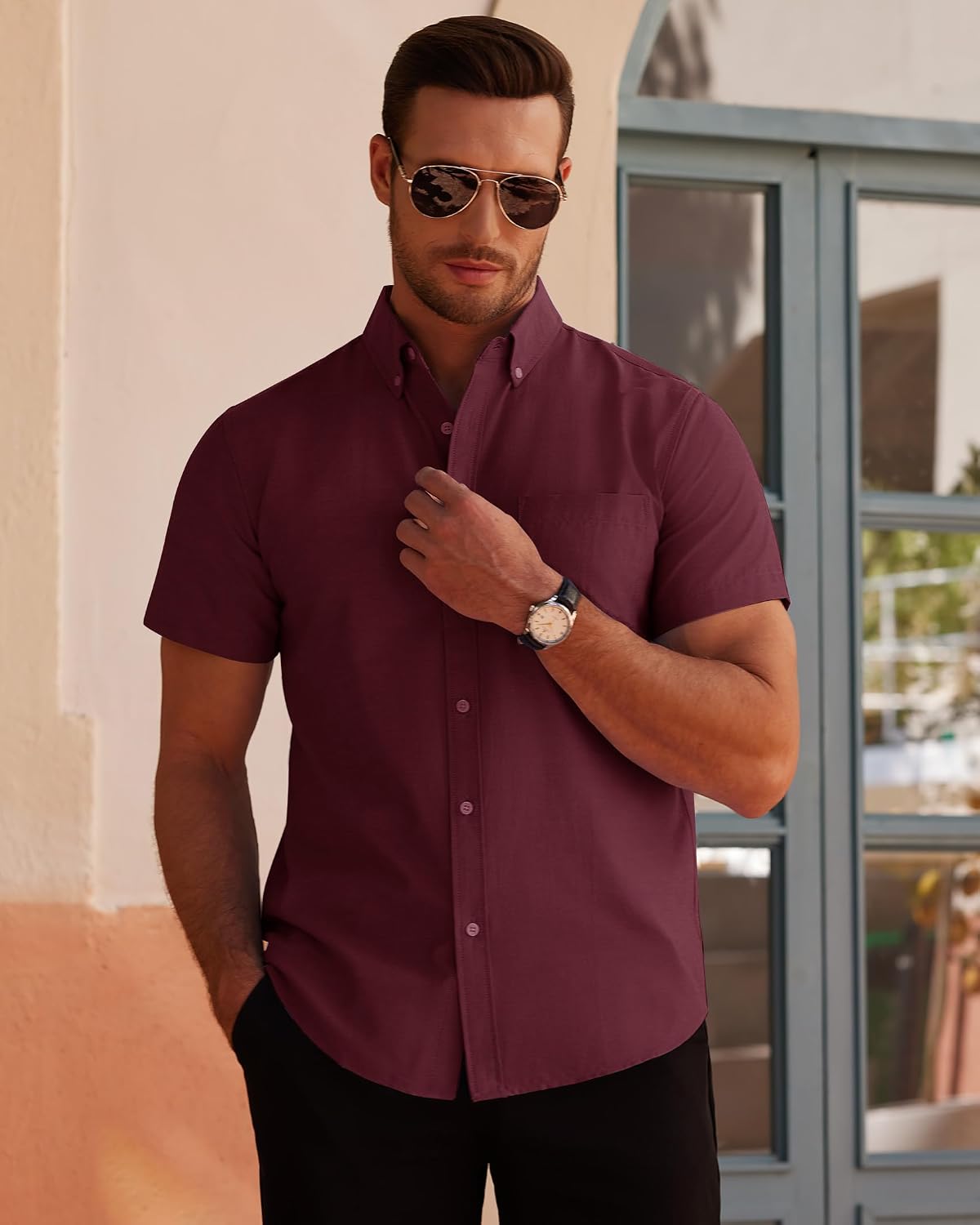 Thumbnail 1 de J.VER Men's Short Sleeve Oxford Shirt — Regular Fit, Breathable Cotton, Button-Down Collar