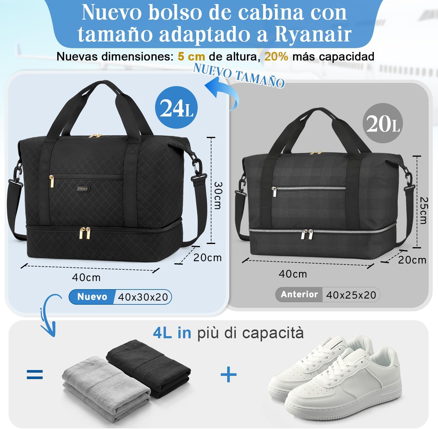 Detalle de Bagaglio a Mano 40x30x20 Ryanair, 24L Grande Capacità – Borsa da Viaggio Etiam per Dormire Weekend e Sport