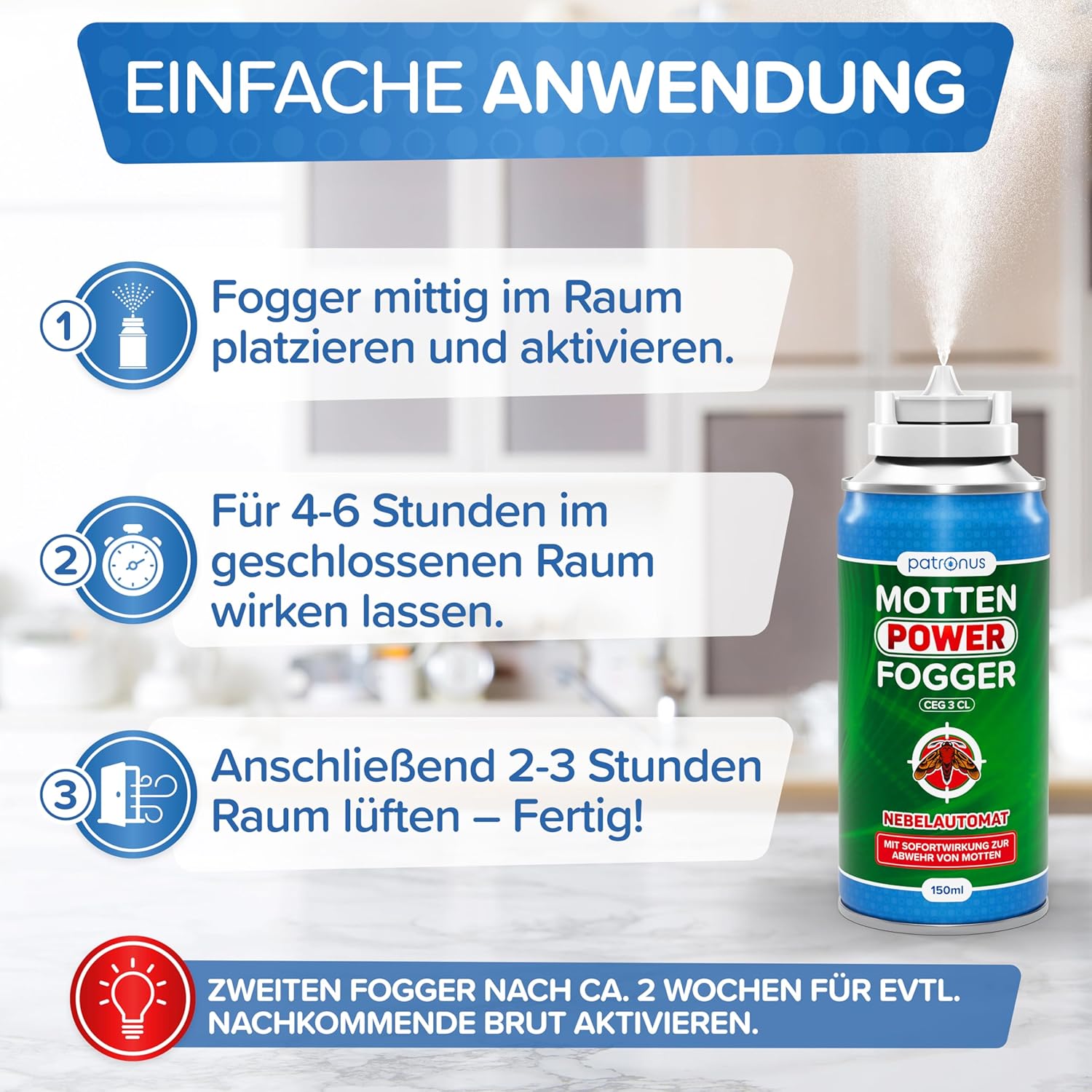 Thumbnail 4 de Patronus Motten Power Fogger – 2x 150 ml, effektiver Sofortschutz gegen Kleidermotten und Lebensmittelmotten