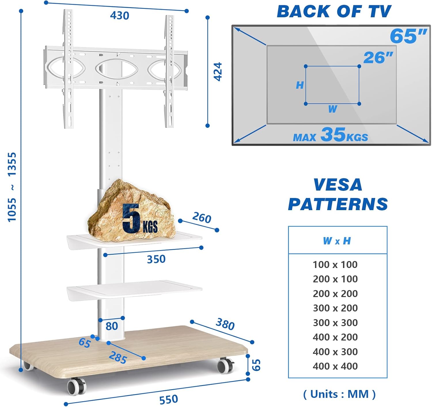 Thumbnail 1 de RFIVER Support TV sur pied à roulettes blanc, hauteur réglable et pivotant (VESA jusqu’à 400×400 mm)
