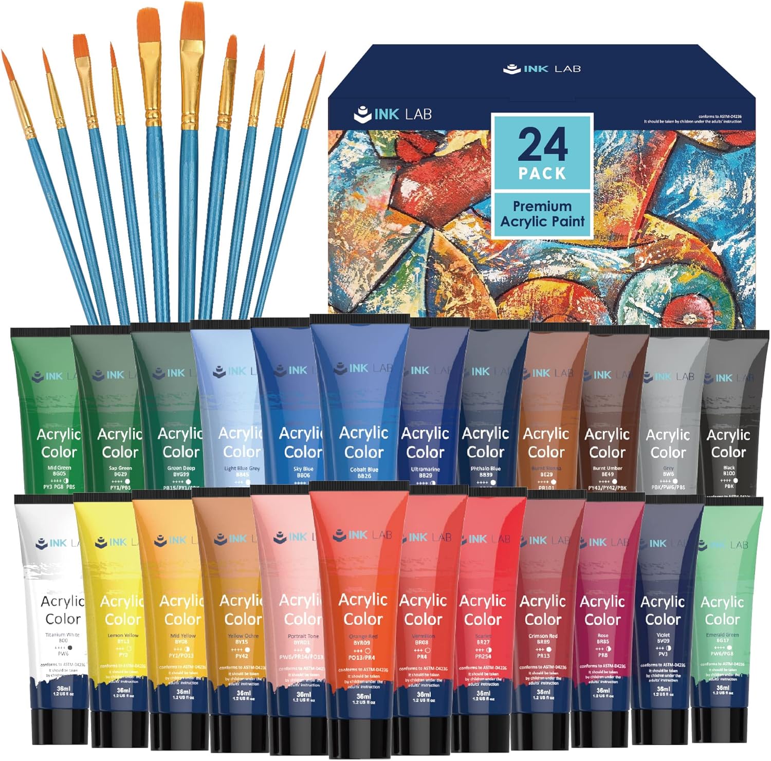 Thumbnail 6 de Set de Peinture Acrylique INK LAB – 30 tubes de 36 ml, couleurs brillantes et non toxiques