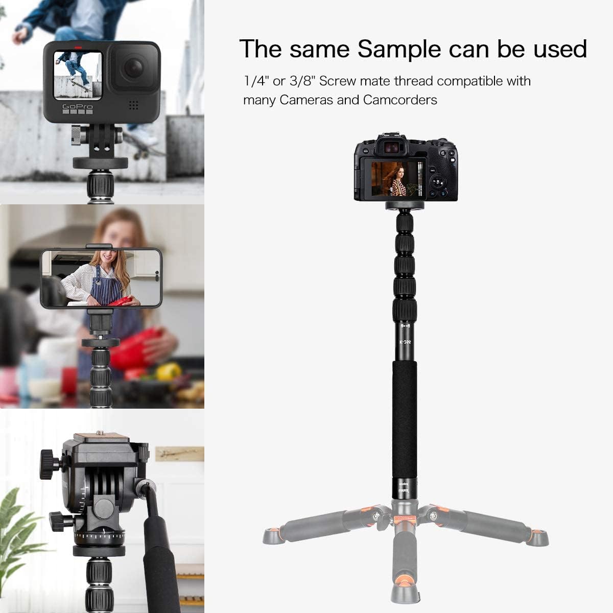 Thumbnail 1 de Koolehaoda K-266 6-Section Compact Monopod (Black) — aluminium unipod stick for portable photography