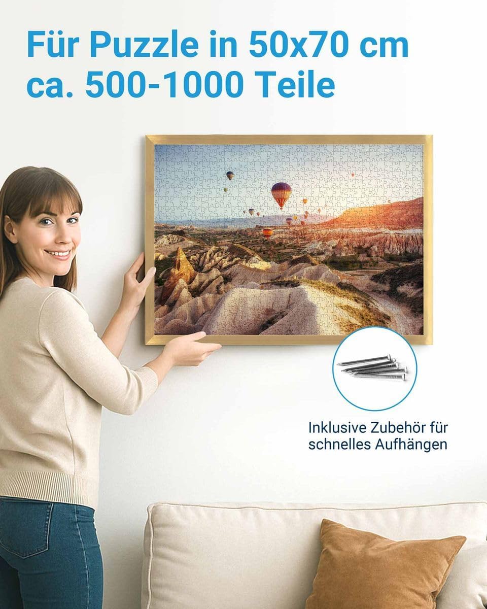 Thumbnail 2 de PHOTOLINI Puzzle-Bilderrahmen 50x70 Gold (50x70 zum Einlegen, Acrylglas) für 500–1000 Teile