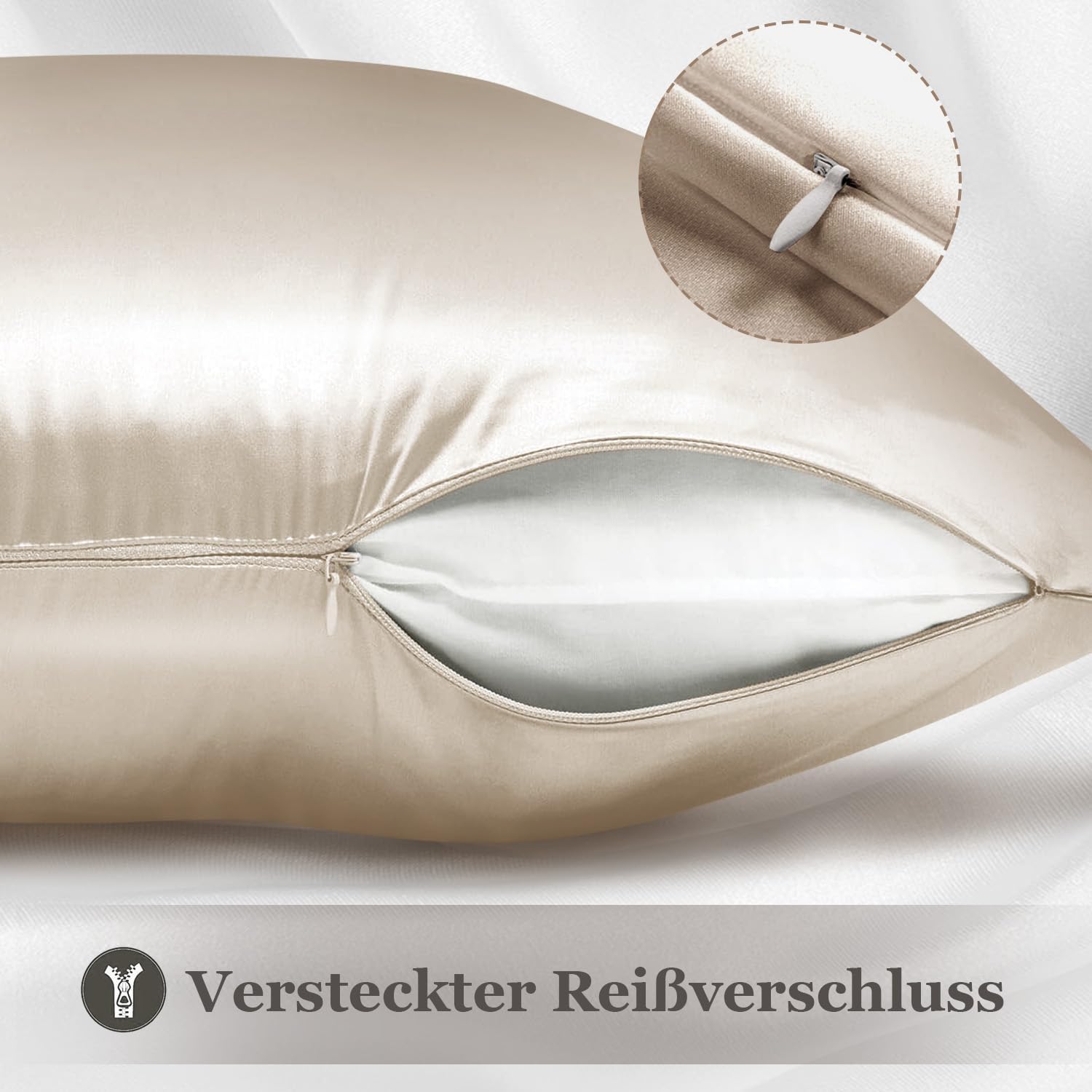 Thumbnail 3 de Adubor 100% Seidenkissenbezug 40x80 cm (23 Momme, 900 Fadenzahl) mit verstecktem Reißverschluss, 1 Stück – Beige
