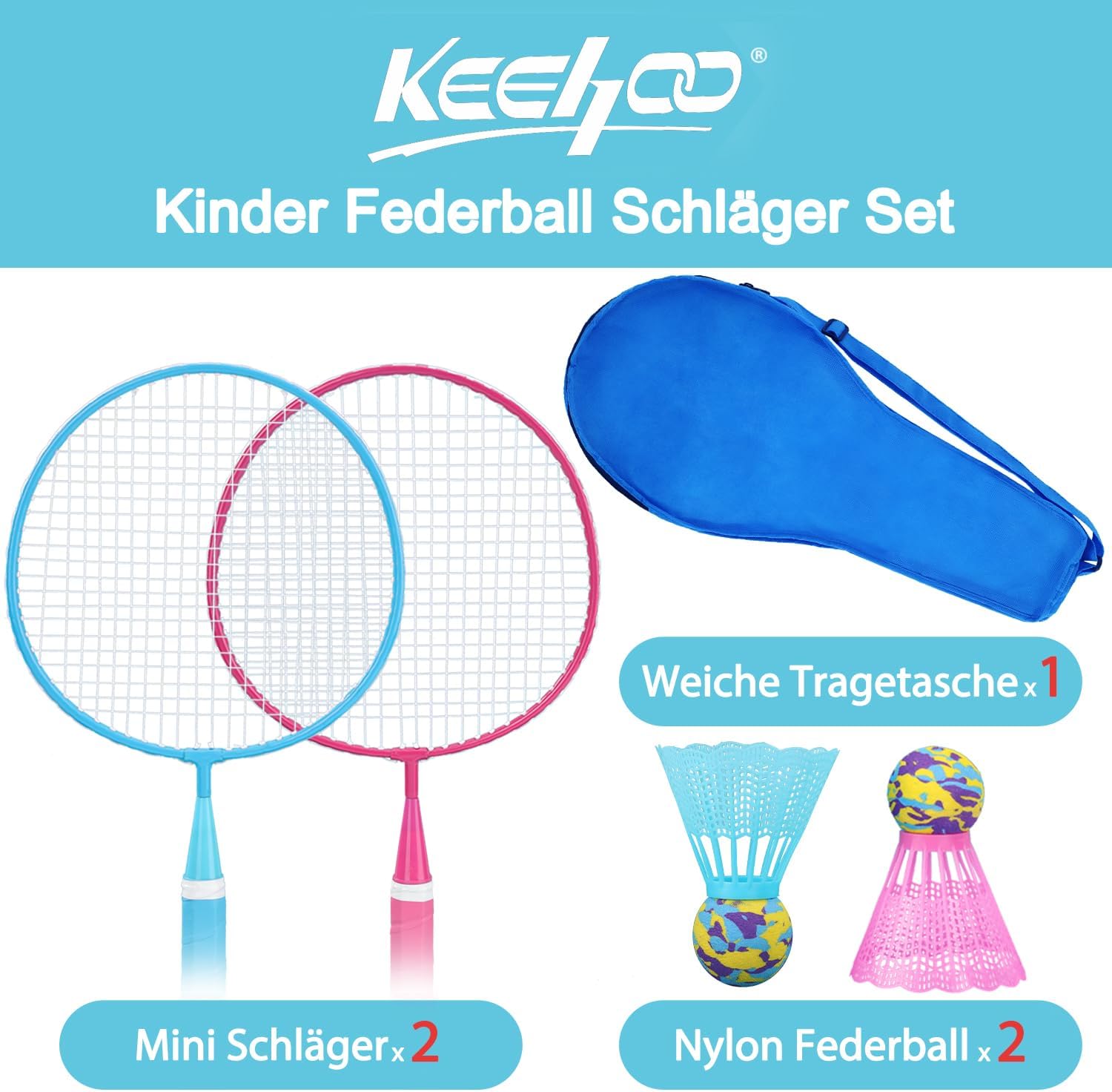 Detalle de Keehoo KH Federball-Set Badminton-Schläger-Set für 2–4 Spieler (für Kinder & Erwachsene), inkl. Federbälle & Tragetasche