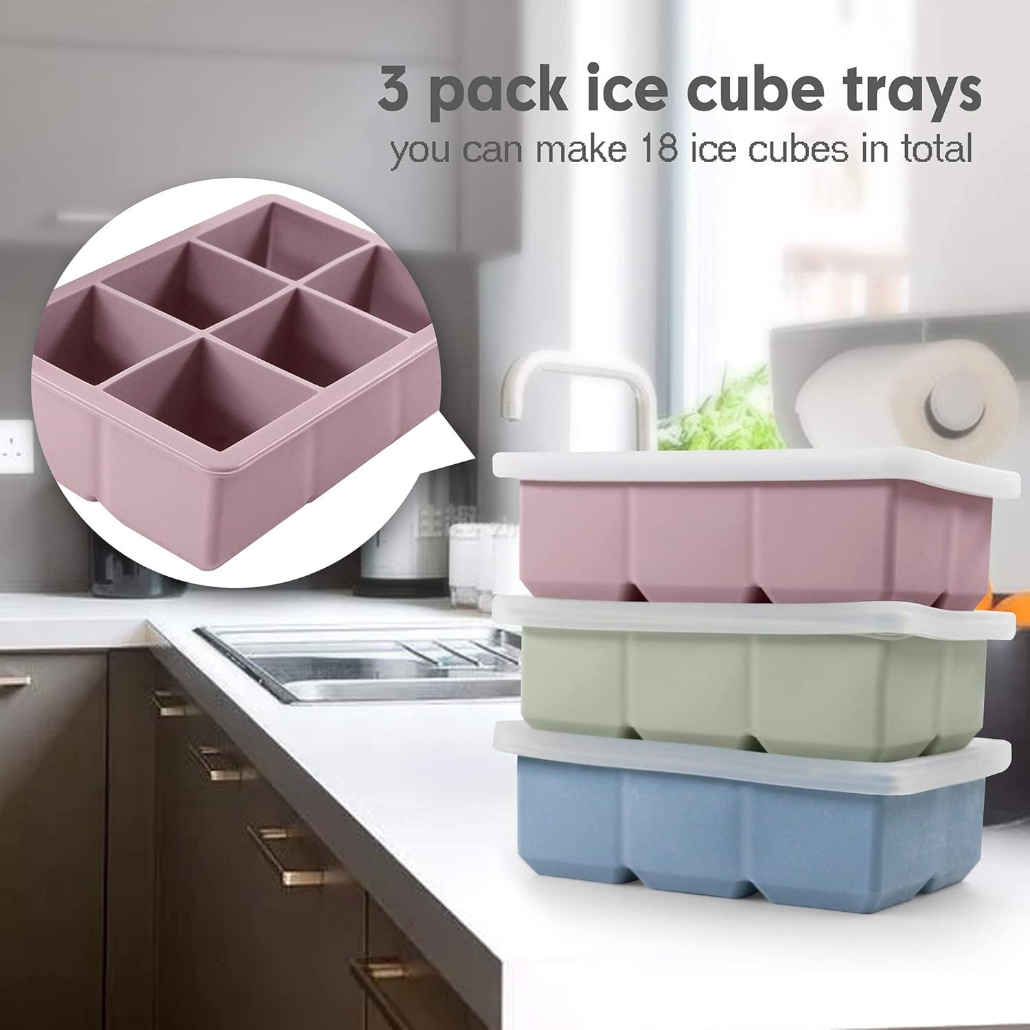 Thumbnail 3 de Excnorm Silicone Ice Cube Trays (3-Pack) — Large Flexible Square Ice Molds with Removable Lids