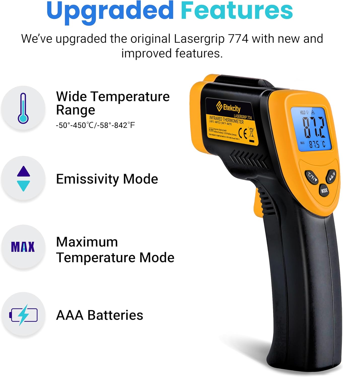 Thumbnail 1 de Etekcity Infrared Thermometer Gun (Laser IR) -50°C to 450°C for cooking, ovens & industrial use (Not for Human) Yellow/Black