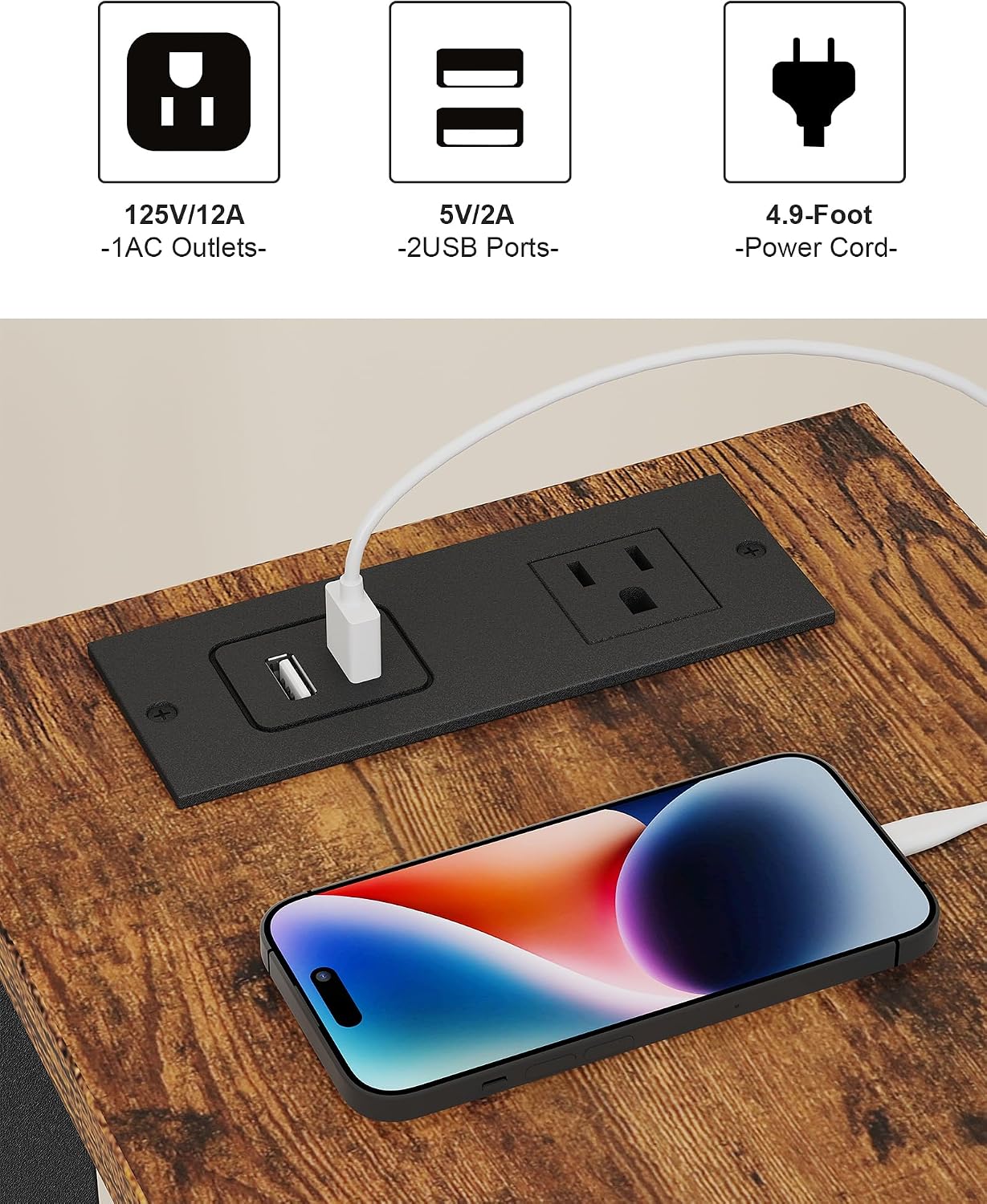 Thumbnail 6 de TUTOTAK Small End Table with Charging Station (TB01BB060C) — Narrow, Two-Tier with USBs and Outlets