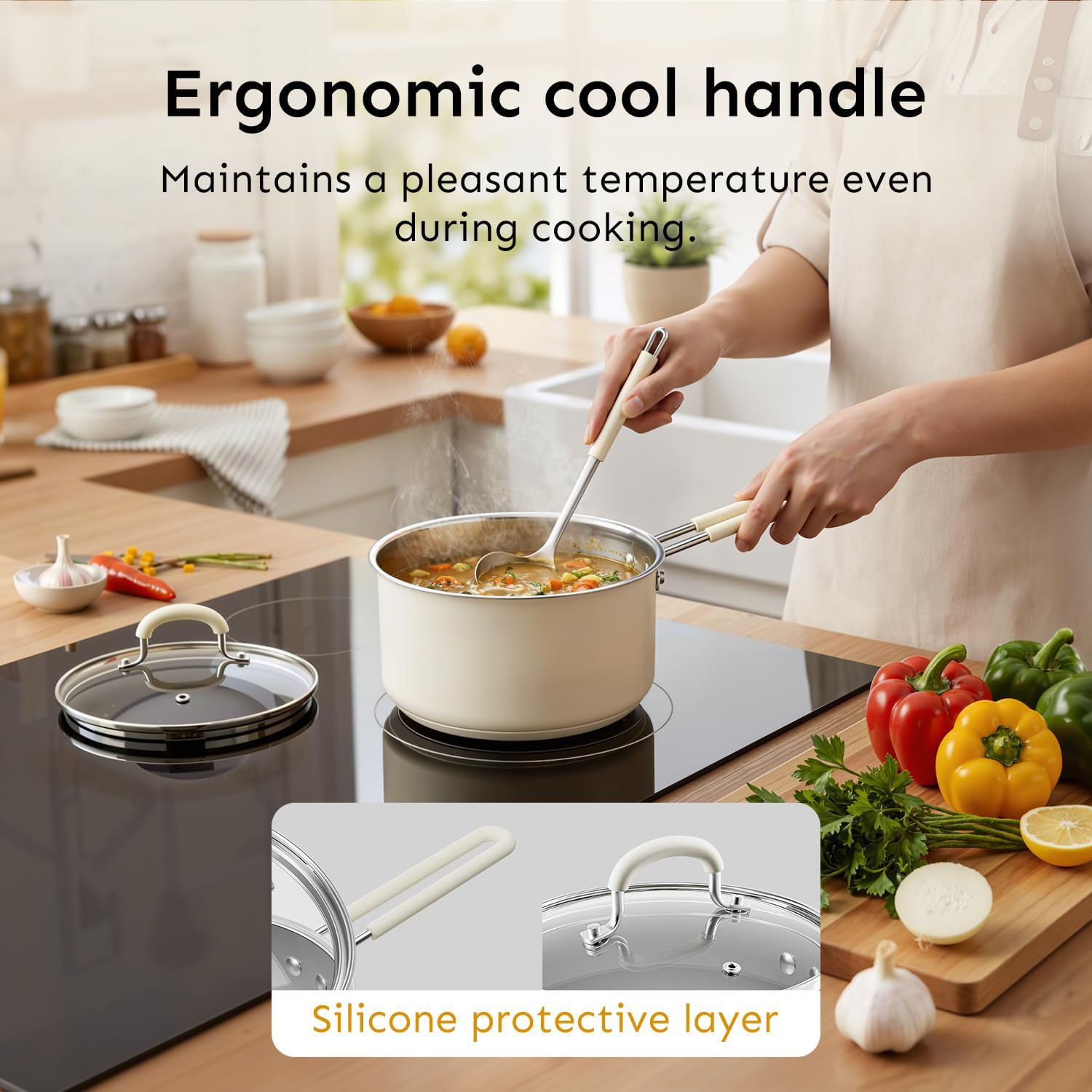 Detalle de COOKNANO 18cm Stainless Steel Saucepan with Glass Lid (2L) – induction ready, stay-cool handles