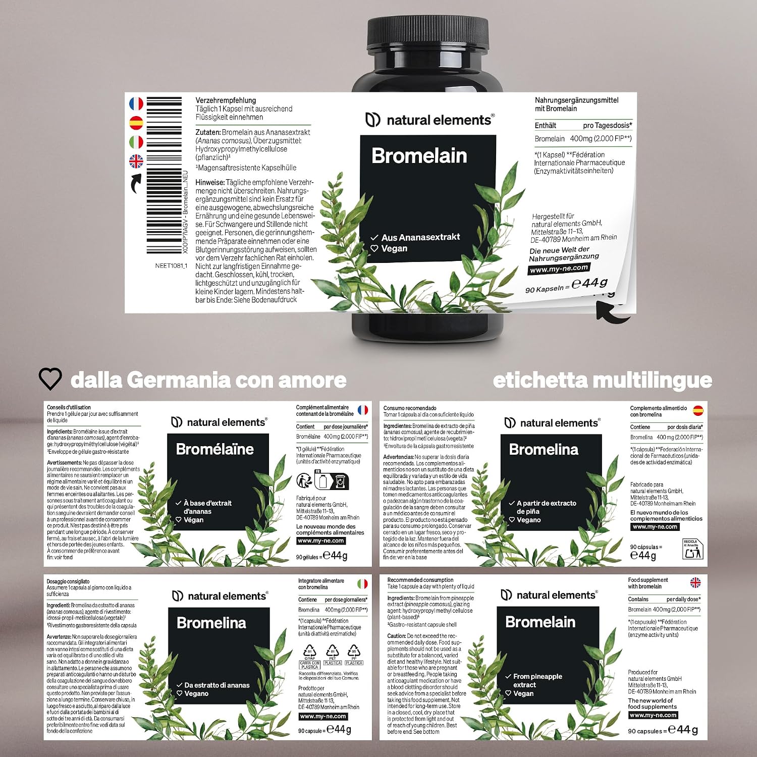 Detalle de natural elements Bromelina 400 mg (2.500 GDU/g), 90 capsule gastrorresistenti