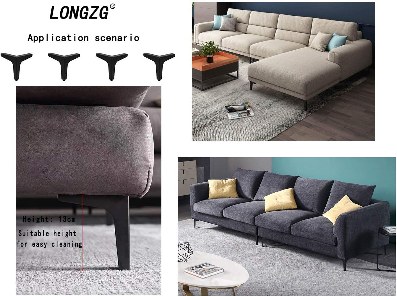 Detalle de LONGZG 4 Metall-Möbelfüße (15 cm), schwarz – DIY Dreiecktischbeine für Schrank, Sofa & Couchtisch
