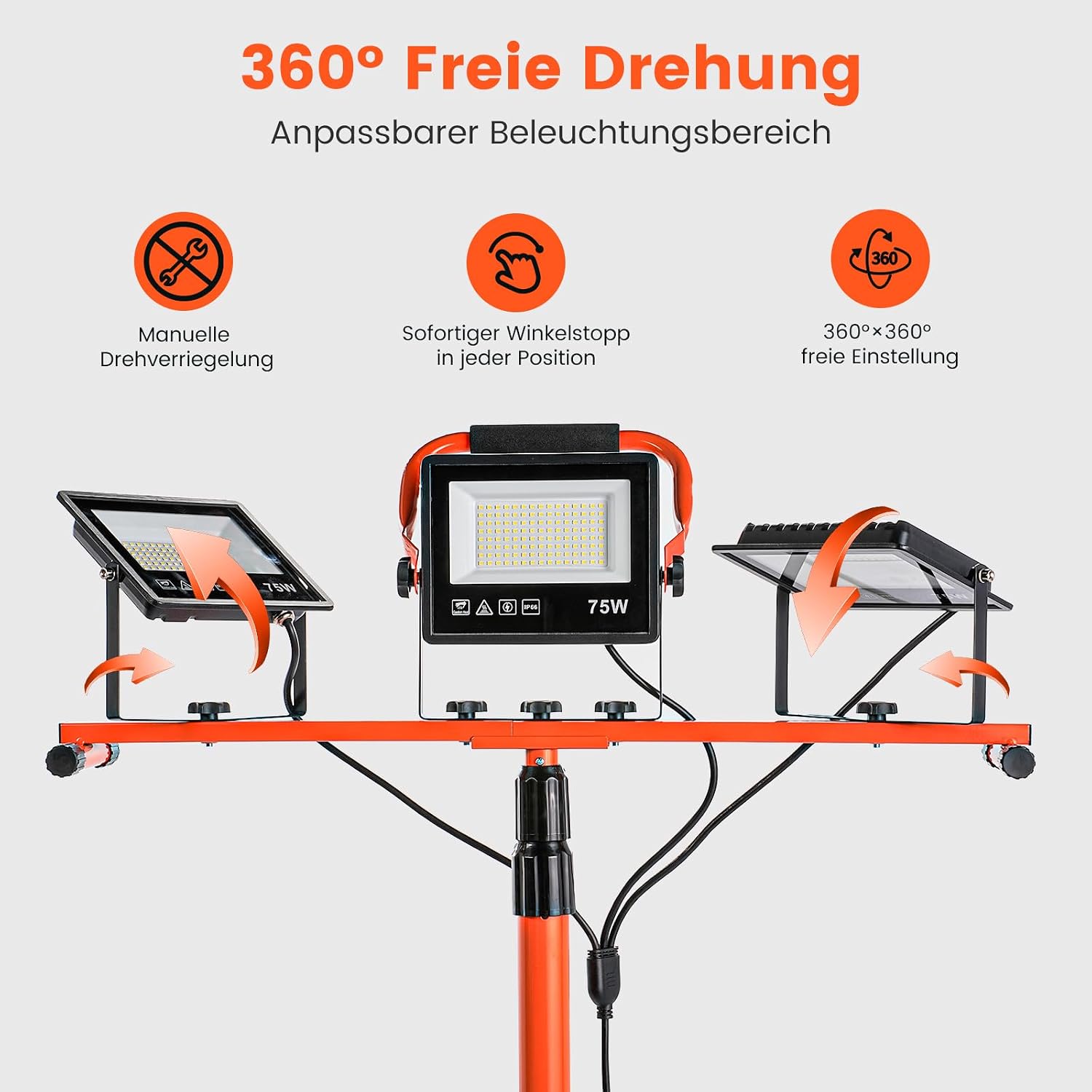 Detalle de ETOOLAB LED-Baustrahler mit Stativ, 30.000 lm (3×75 W), 98–200 cm höhenverstellbar, IP66