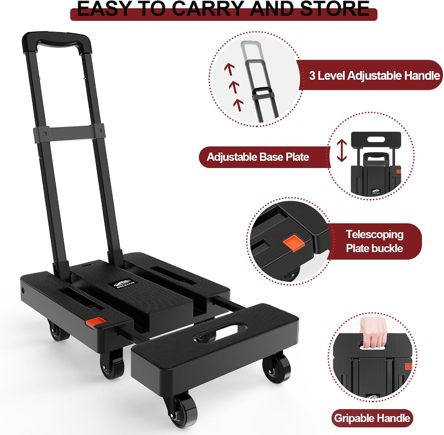 Thumbnail 3 de SOLEJAZZ Folding Hand Truck Dolly – 230kg portable trolley with 6 wheels, folding design and bungee straps