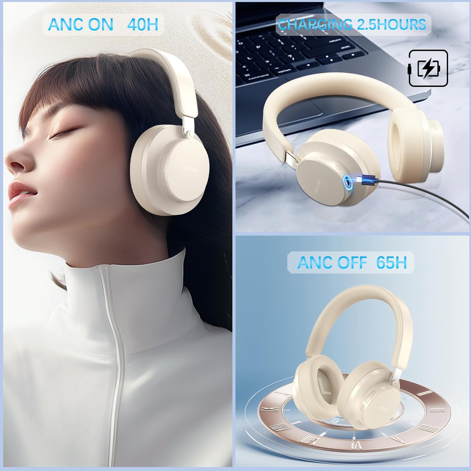 Detalle de Noise Cancelling Wireless Over-Ear Headphones with Microphone (Beige) – 65h Playtime
