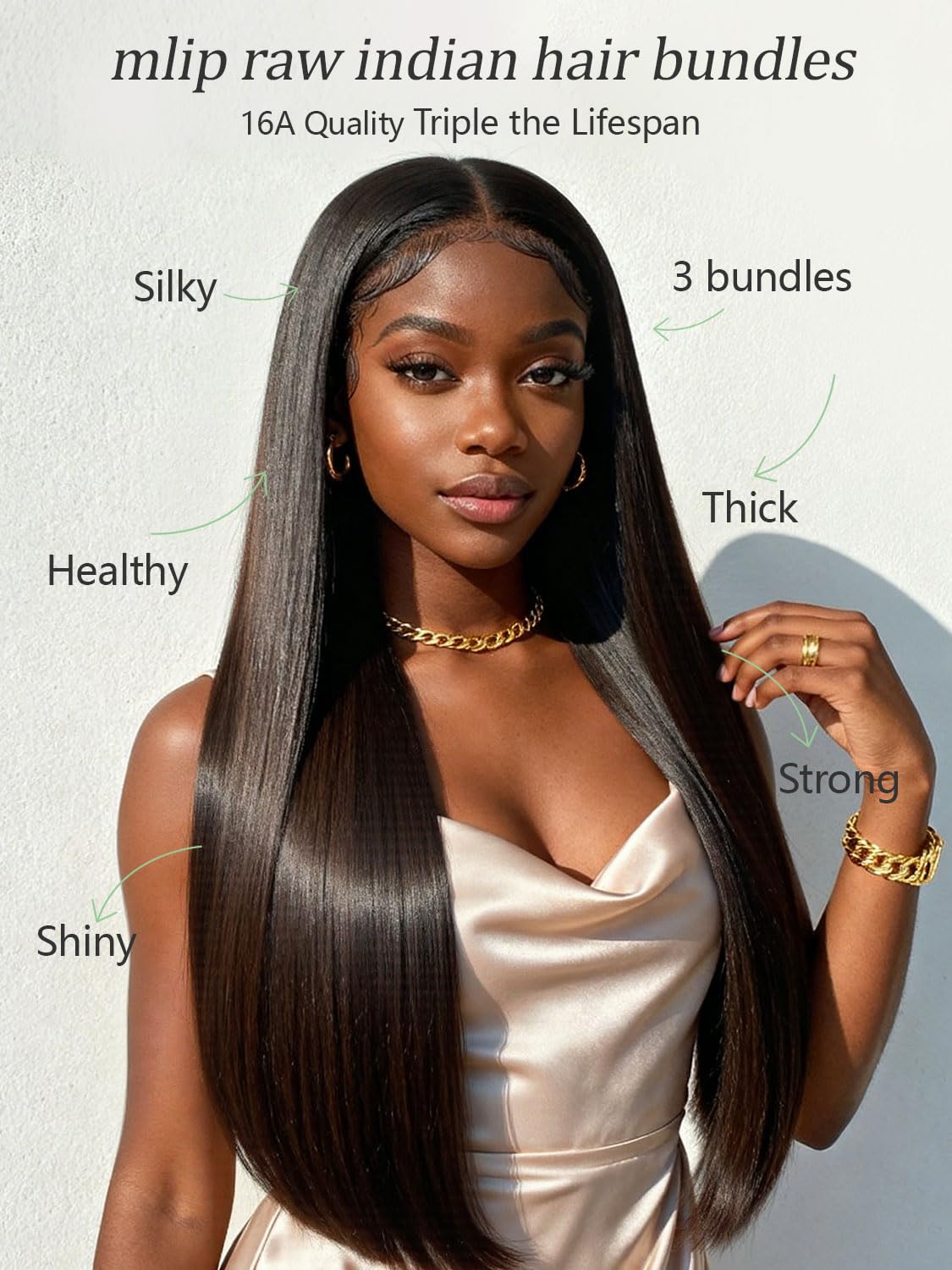 Detalle de MLIP Raw Bundles Human Hair Straight (No Tangle/Shedding) 16A Raw Indian Hair, 16/18/20 Inches – Triple Lifespan 3X