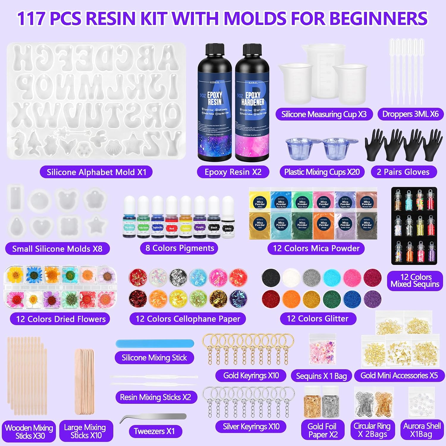 Detalle de KISREL 18 oz Epoxy Resin Kit with Alphabet Molds and Dried Flowers