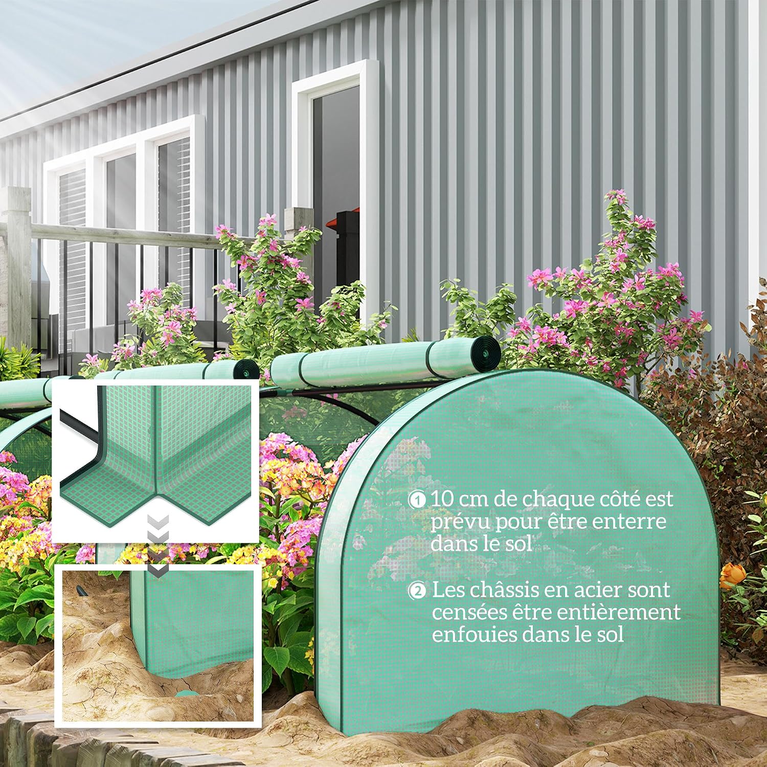 Detalle de Outsunny 845-234V06GN mini-tunnelkas met 3 oprolbare deuren en PE-zeil