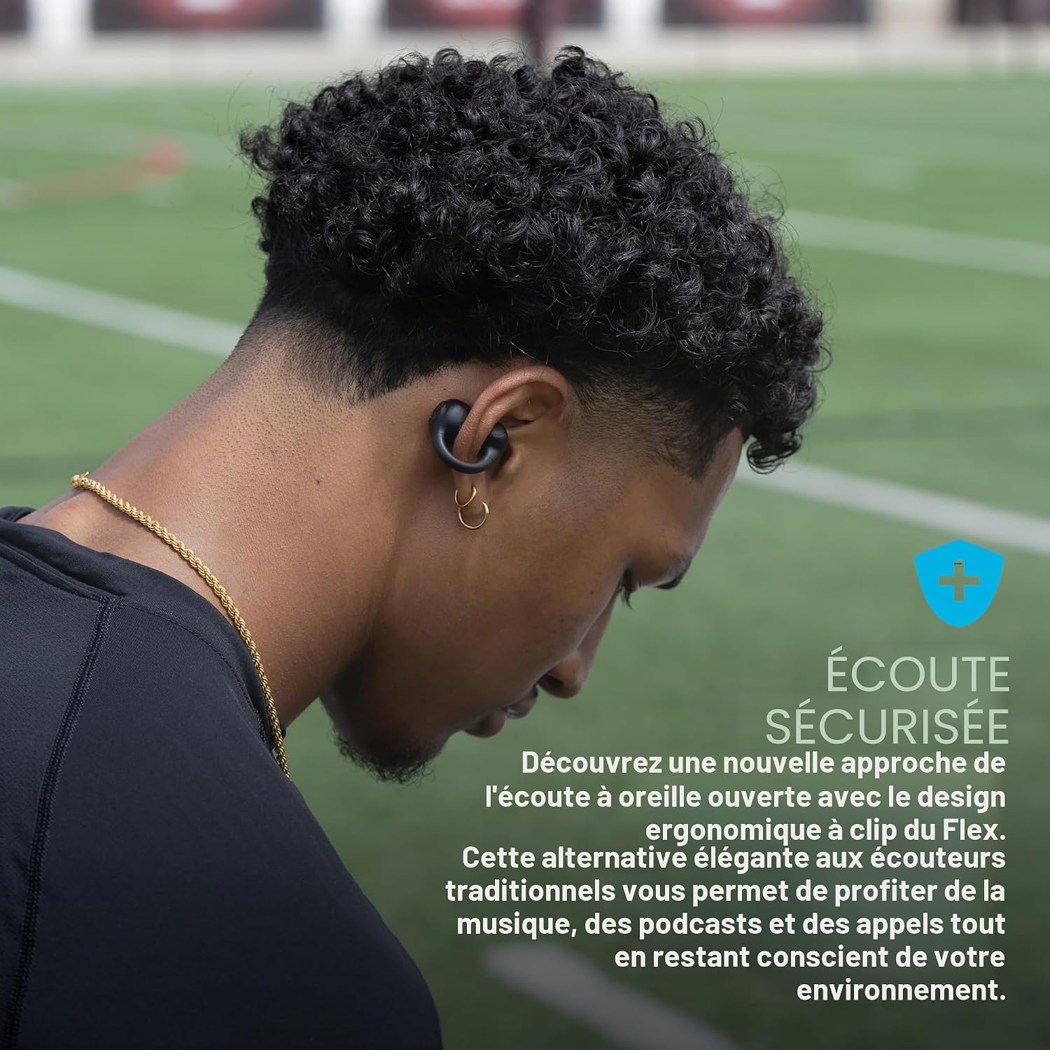 Detalle de JLab Flex casque à oreille ouverte (écouteurs ouverts) avec Bluetooth multipoint, micro et personnalisation via application — Noir