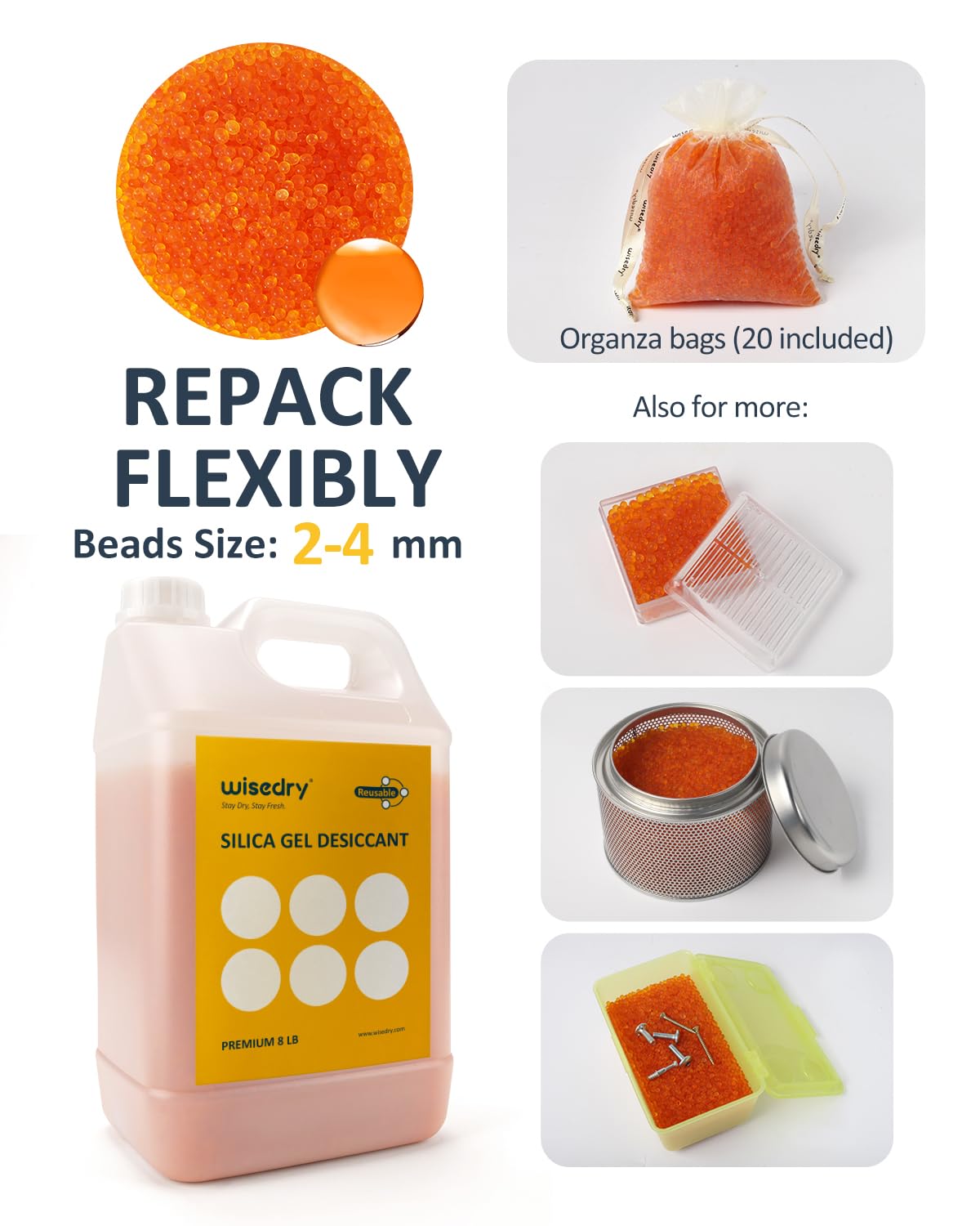 Thumbnail 5 de wisedry kiselgelpärlor 3,6 kg – återanvändbara, 2–4 mm, med färgindikator
