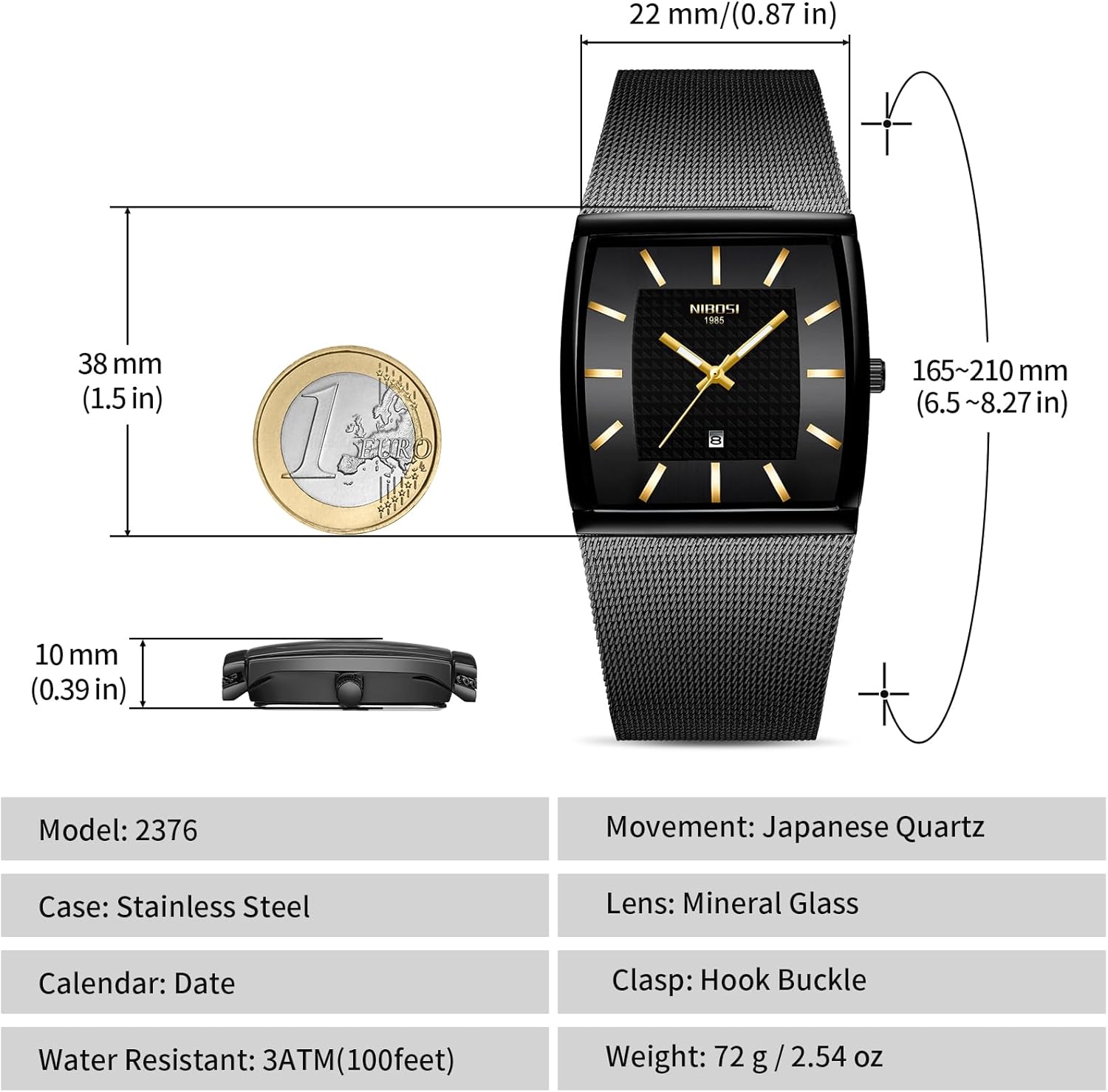 Thumbnail 3 de NIBOSI Orologi da uomo: quadrato, movimento al quarzo in acciaio inox, datario, 3ATM