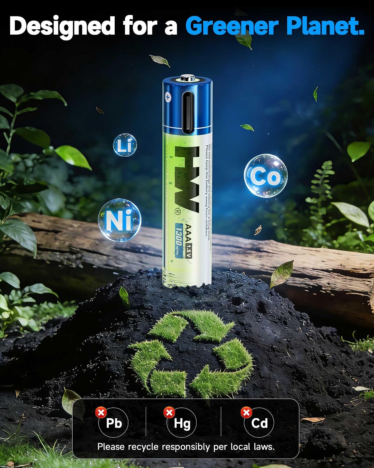 Detalle de HW TH-ICR713C Rechargeable AAA Lithium Batteries, 1.5V, 1300mWh, USB-C