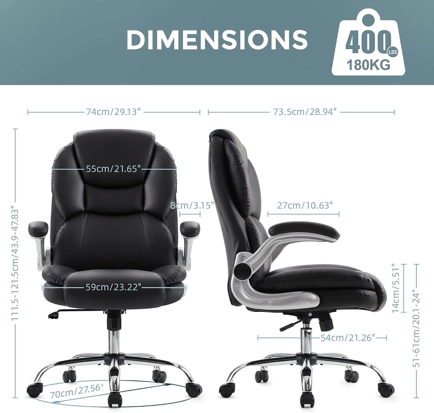 Detalle 2 de IWMH Großer und hoher Bürostuhl 180KG – Ergonomischer Chefsessel mit klappbaren Armlehnen, höhenverstellbar und 360° Rollen
