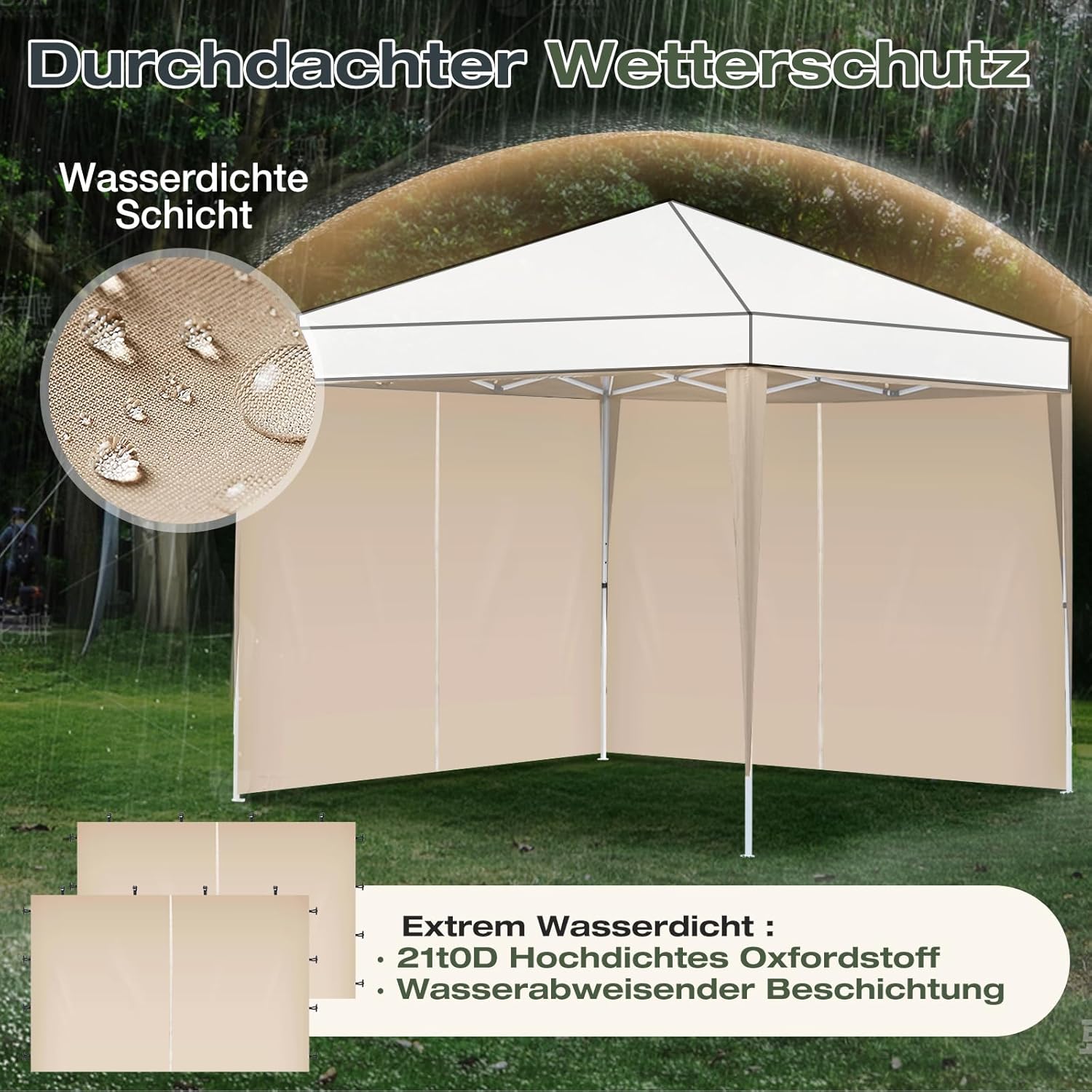 Thumbnail 3 de Sekey 2x Seitenwände für Pavillon 3x3 m – wasserdicht, winterfest, mit Fenster und Tür (Khaki)