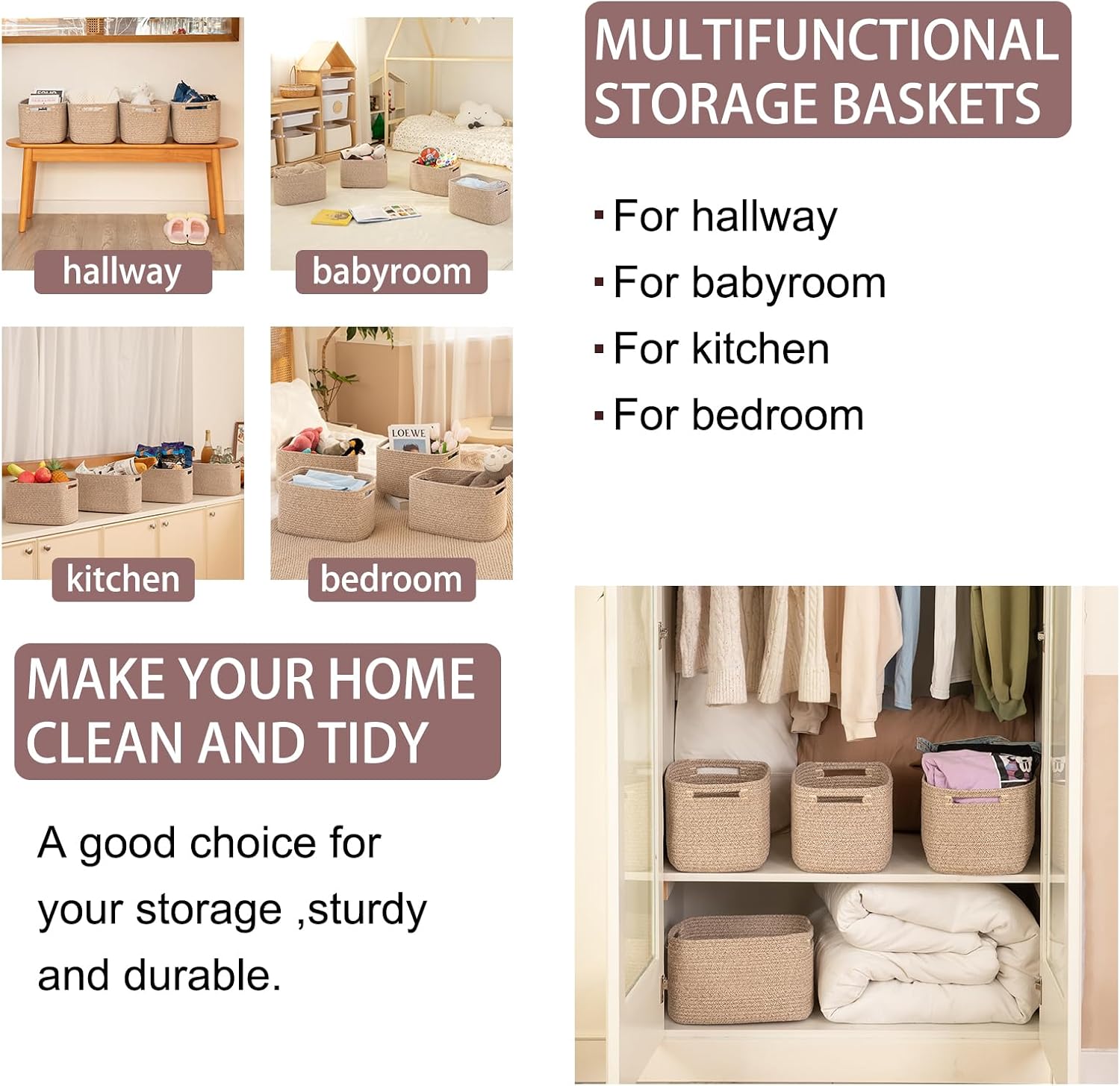 Detalle de OIAHOMY 4-Pack Cotton Rope Storage Baskets, Brown, 17.7 x 13 x 7.8 Inches