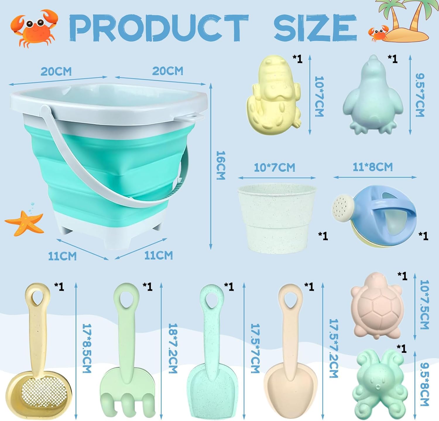 Thumbnail 1 de Taufe set giochi da sabbiera da 11 pezzi con secchio pieghevole e accessori da spiaggia per bambini (Blue)