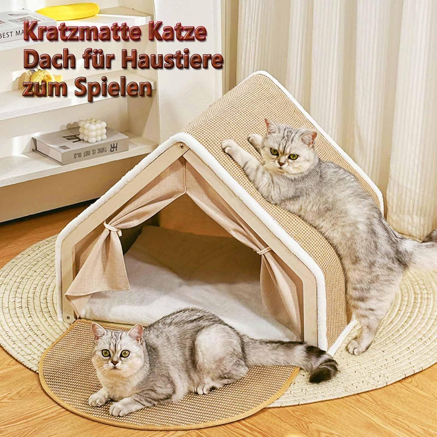 Thumbnail 6 de LUNNTE Katzenhaus „Katzenzelt Sisal Kratzhaus“ 2-in-1 aus Holz (Beige, 64x50x50)